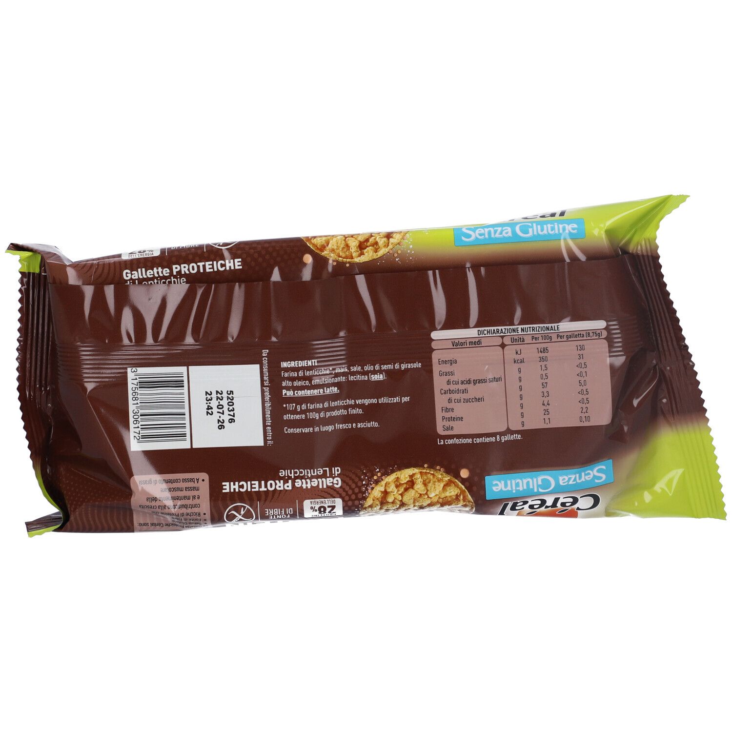 Retro della confezione con informazioni nutrizionali e codice a barre. Scritte: Gallette Proteiche, senza glutine, 28%.
