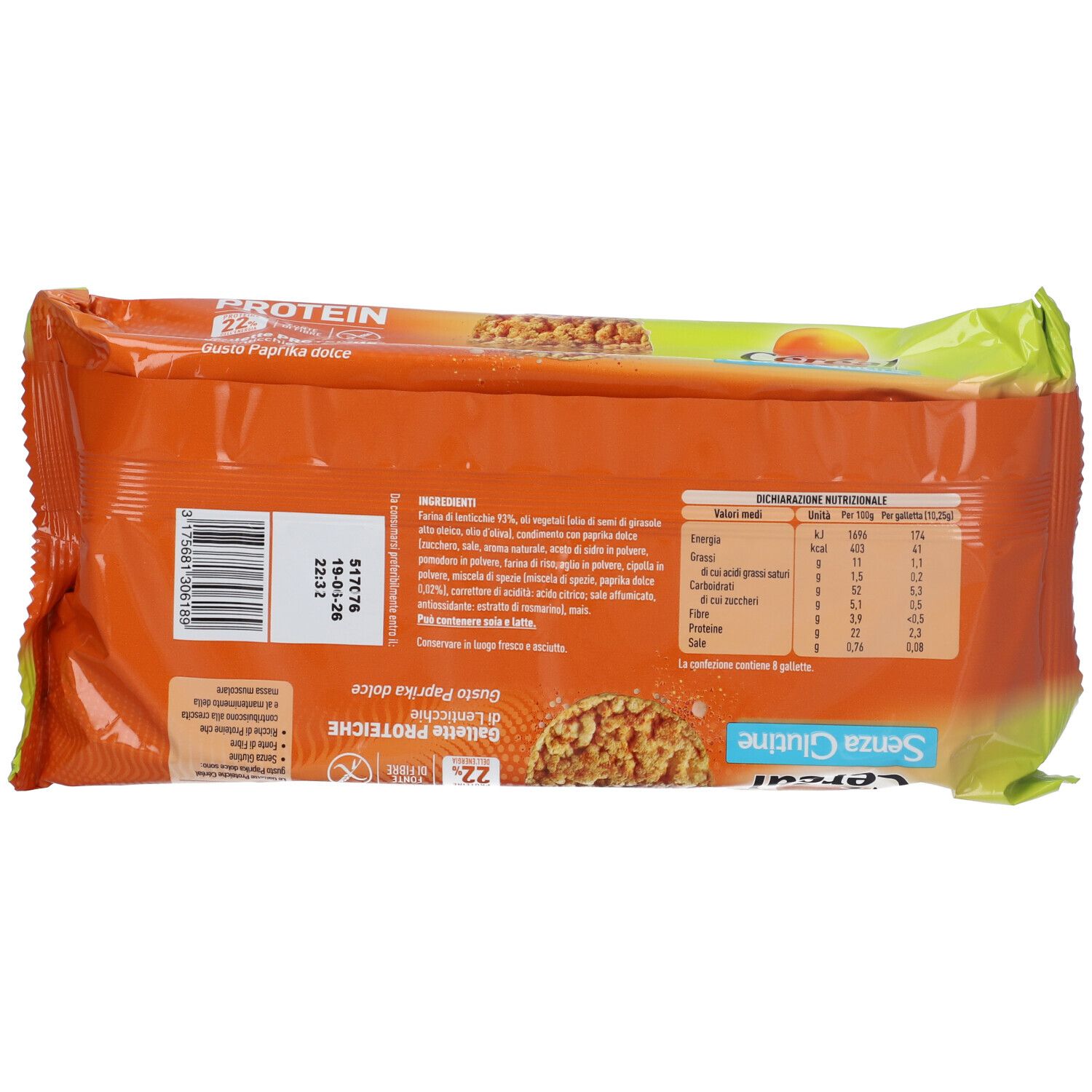 Retro della confezione di Cereal Wellness Protein Gallette Proteiche. Arancione con testo e informazioni nutrizionali. Senza glutine.