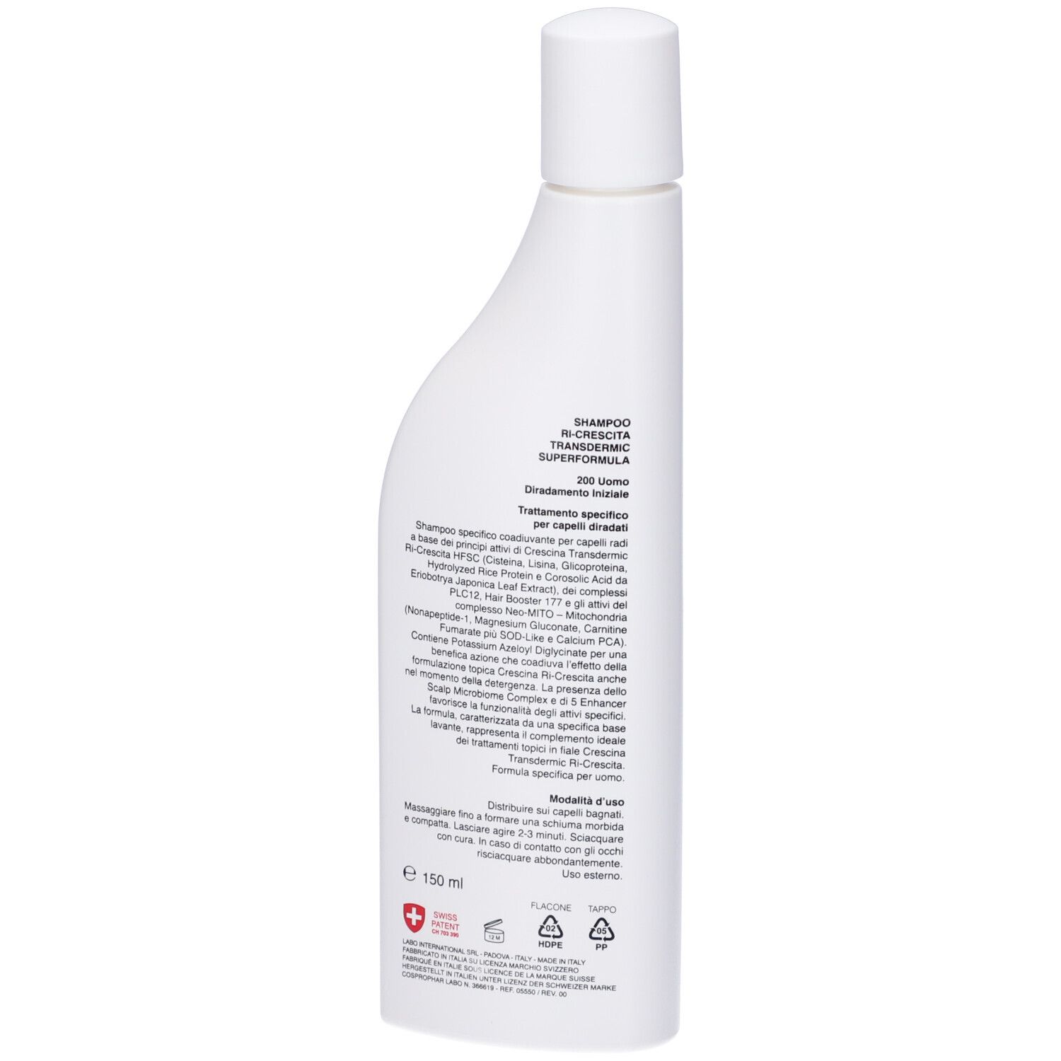 Retro del flacone di shampoo bianco. Testo: SHAMPOO RI-CRESCITA, SUPERFORMULA, 200, istruzioni per l'uso, croce svizzera.