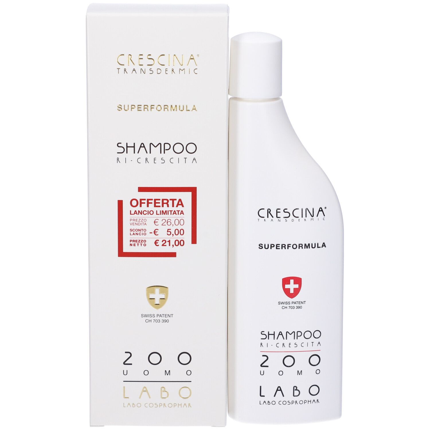 Confezione del prodotto con flacone di shampoo. Testo: CRESCINA, SUPERFORMULA, SHAMPOO RI-CRESCITA, 200 UOMO, LABO, croce svizzera, offerta.
