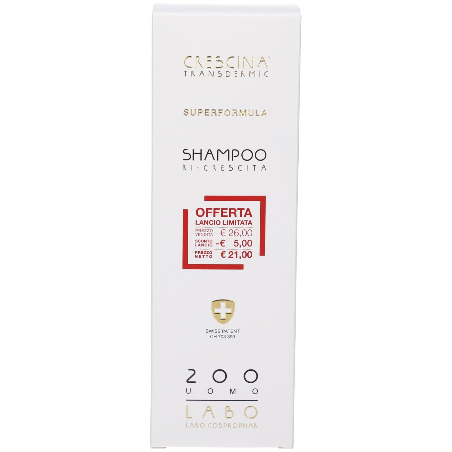 Confezione del prodotto. Testo: CRESCINA, SUPERFORMULA, SHAMPOO RI-CRESCITA, 200 UOMO, LABO, croce svizzera, offerta.