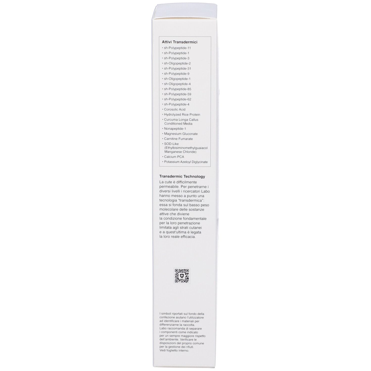 Confezione del prodotto. Testo: CRESCINA, ingredienti, tecnologia transdermica, codice QR.