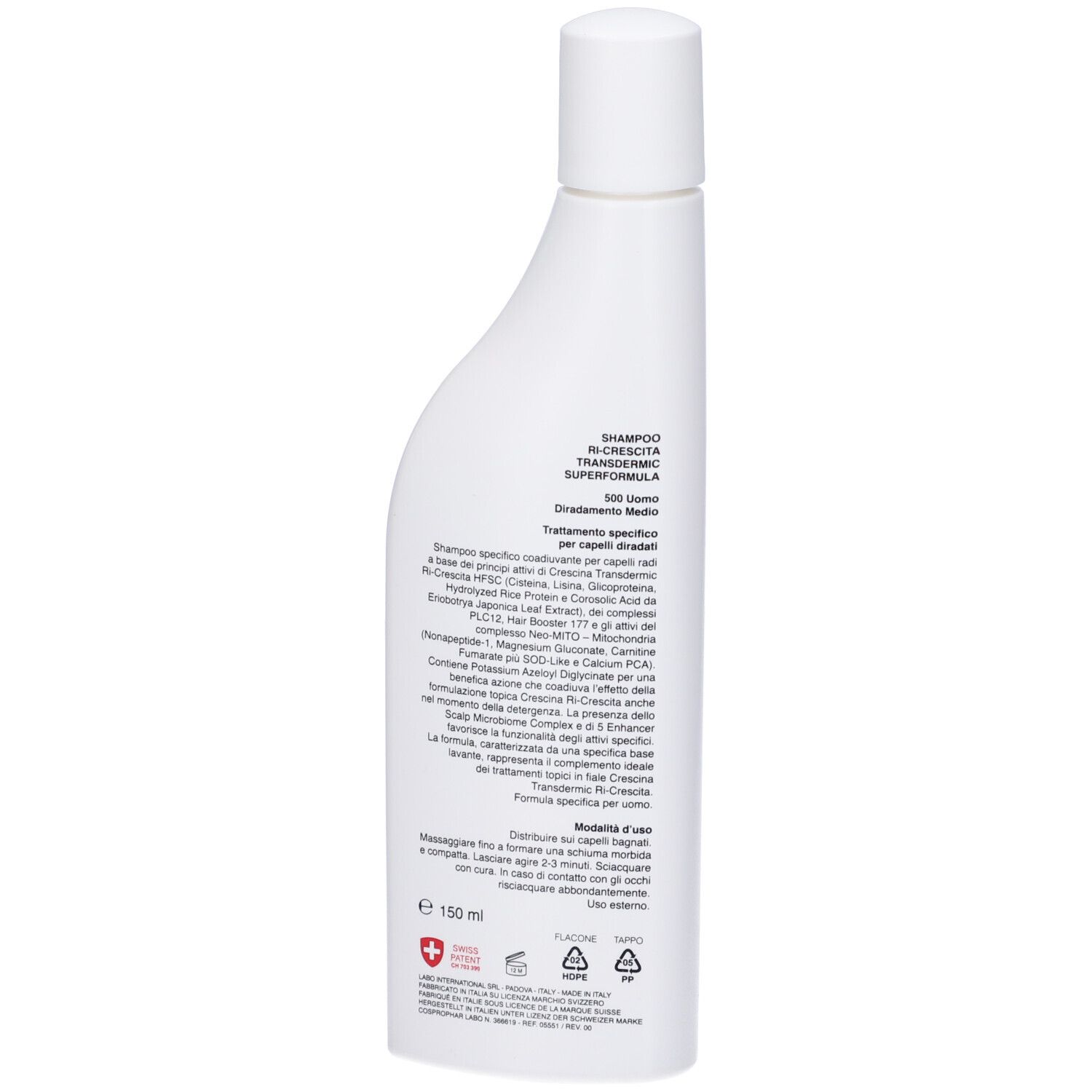 Retro del flacone bianco. Testo: SHAMPOO RI-CRESCITA, SUPERFORMULA. Ingredienti e istruzioni per l'uso. Croce svizzera.