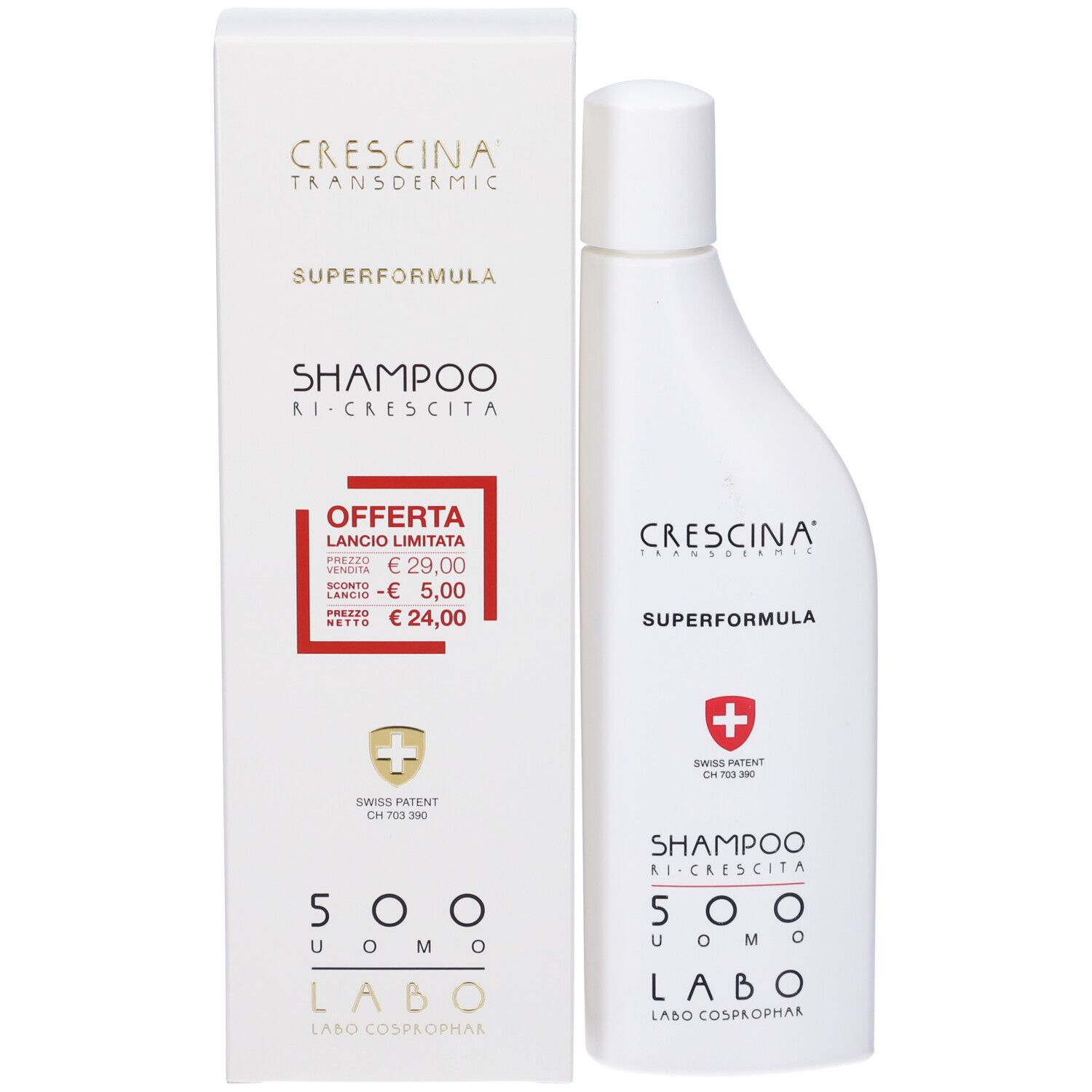Confezione e flacone. Confezione: CRESCINA, SHAMPOO RI-CRESCITA, SUPERFORMULA. Offerta prezzo. Flacone: CRESCINA, SUPERFORMULA.