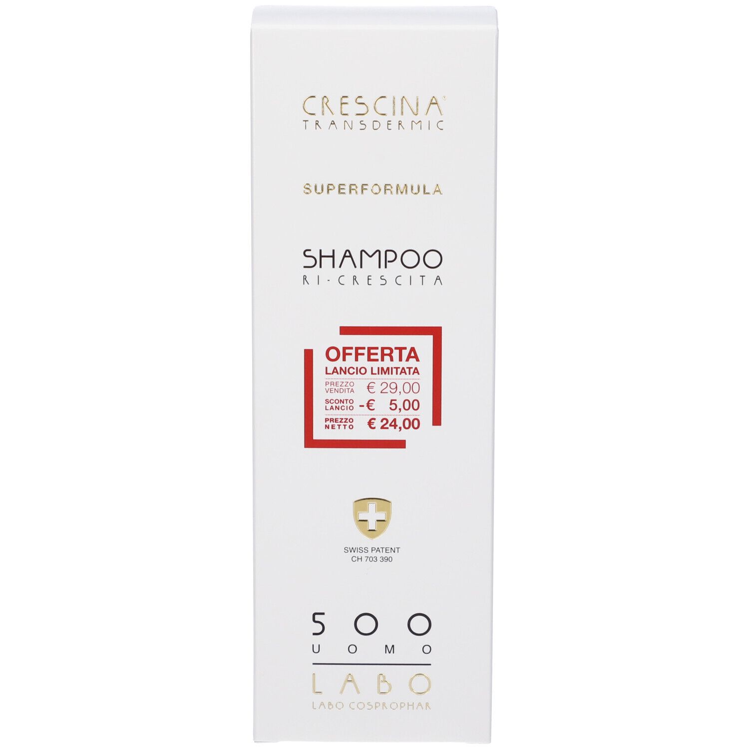 Confezione del prodotto. Testo: CRESCINA, SHAMPOO RI-CRESCITA, SUPERFORMULA. Offerta prezzo. Croce svizzera.