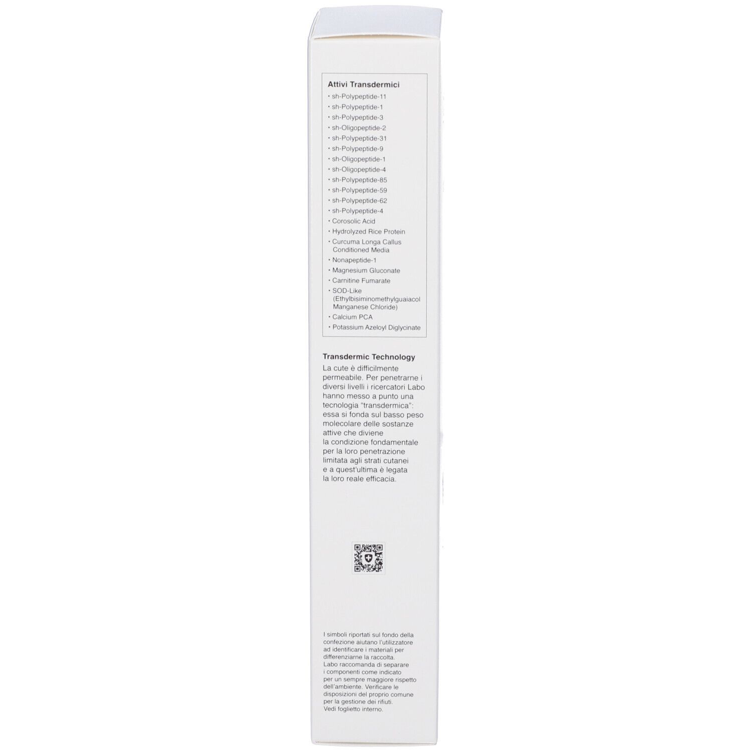 Confezione del prodotto. Testo: CRESCINA, ingredienti, Transdermic Technology. Codice QR.