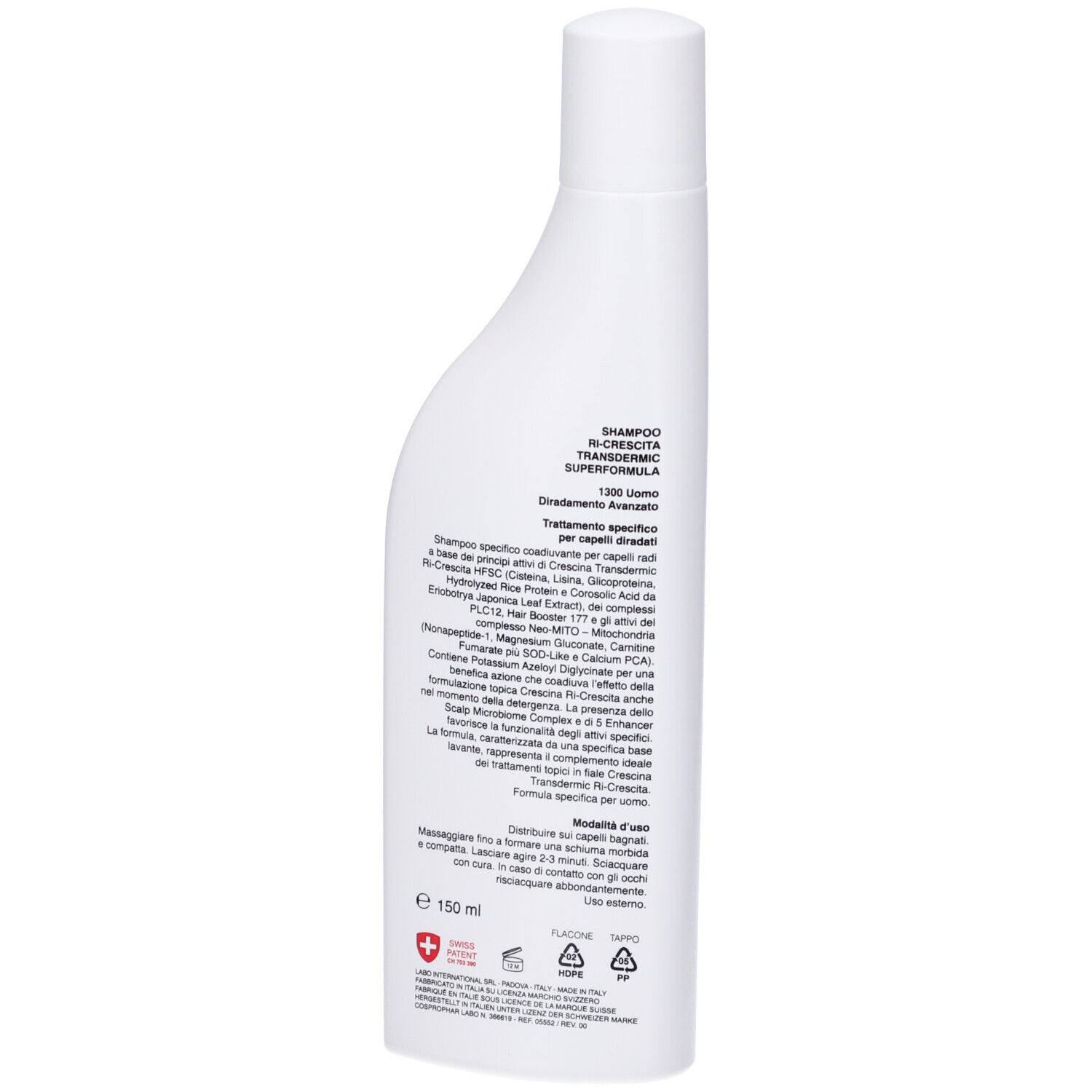 Retro di un flacone di shampoo bianco. Testo e ingredienti. Logo croce svizzera. Volume: 150 ml.