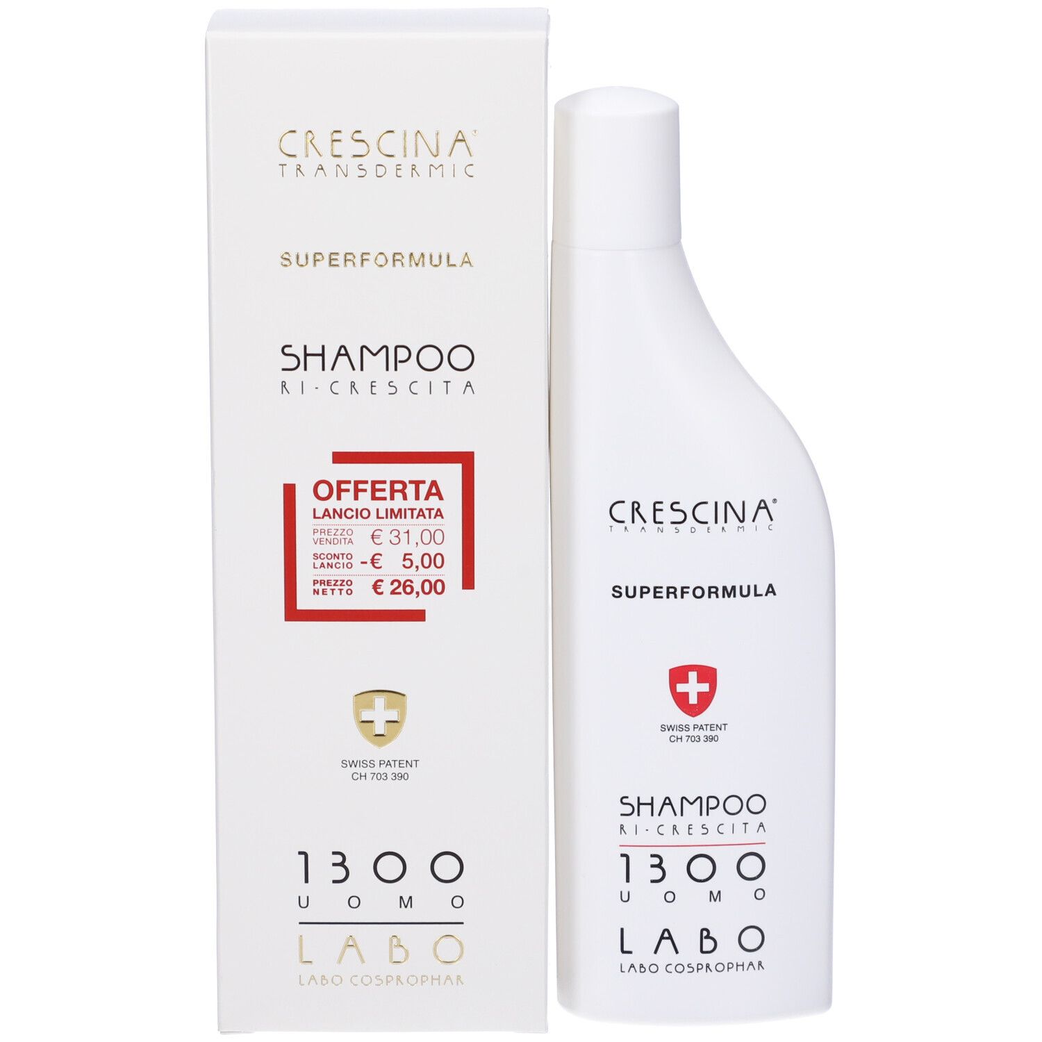 Confezione del prodotto con flacone di shampoo. Testo: CRESCINA, SUPERFORMULA, SHAMPOO RI-CRESCITA. Cartello offerta rosso.
