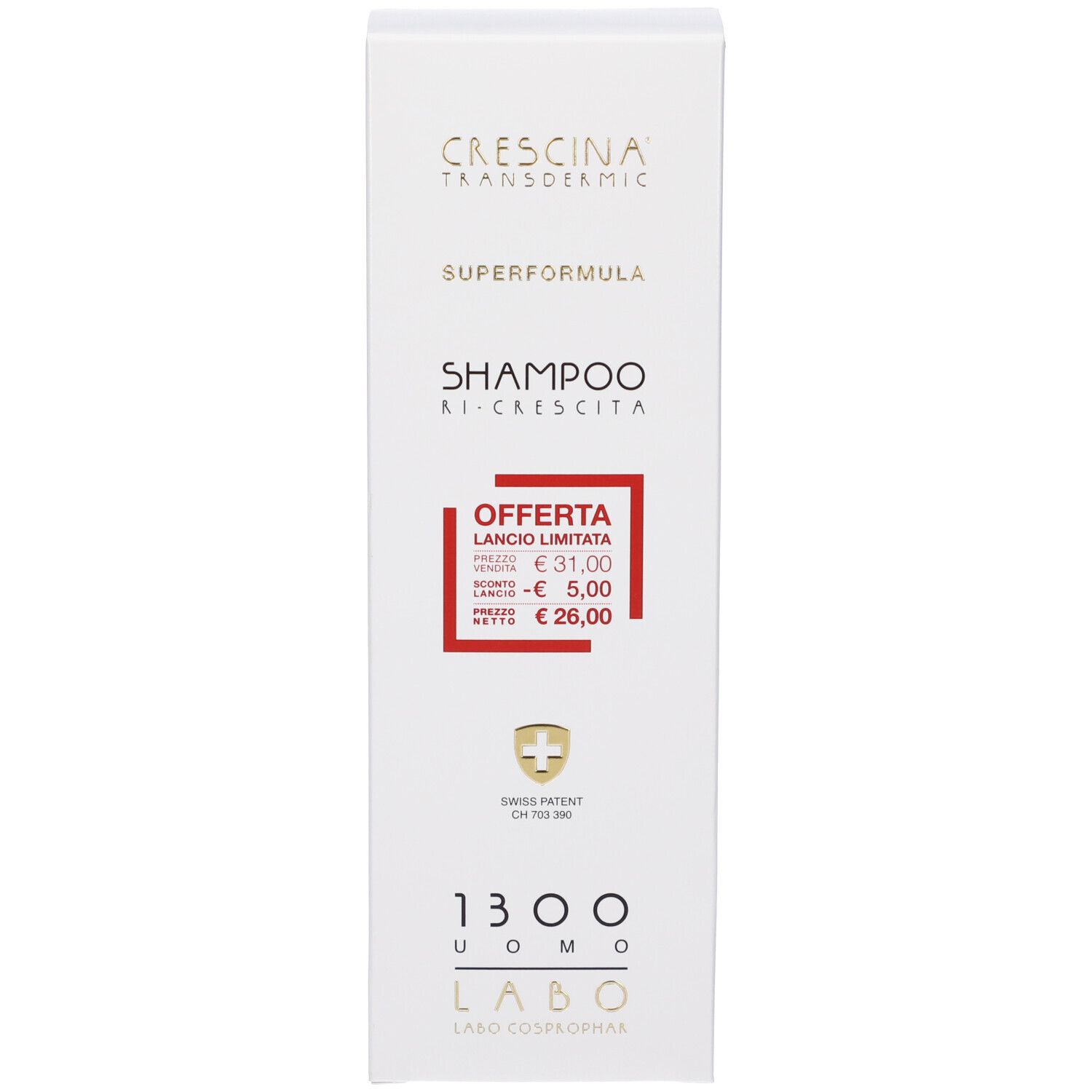 Confezione del prodotto con testo: CRESCINA, SUPERFORMULA, SHAMPOO RI-CRESCITA. Cartello offerta rosso con prezzo.