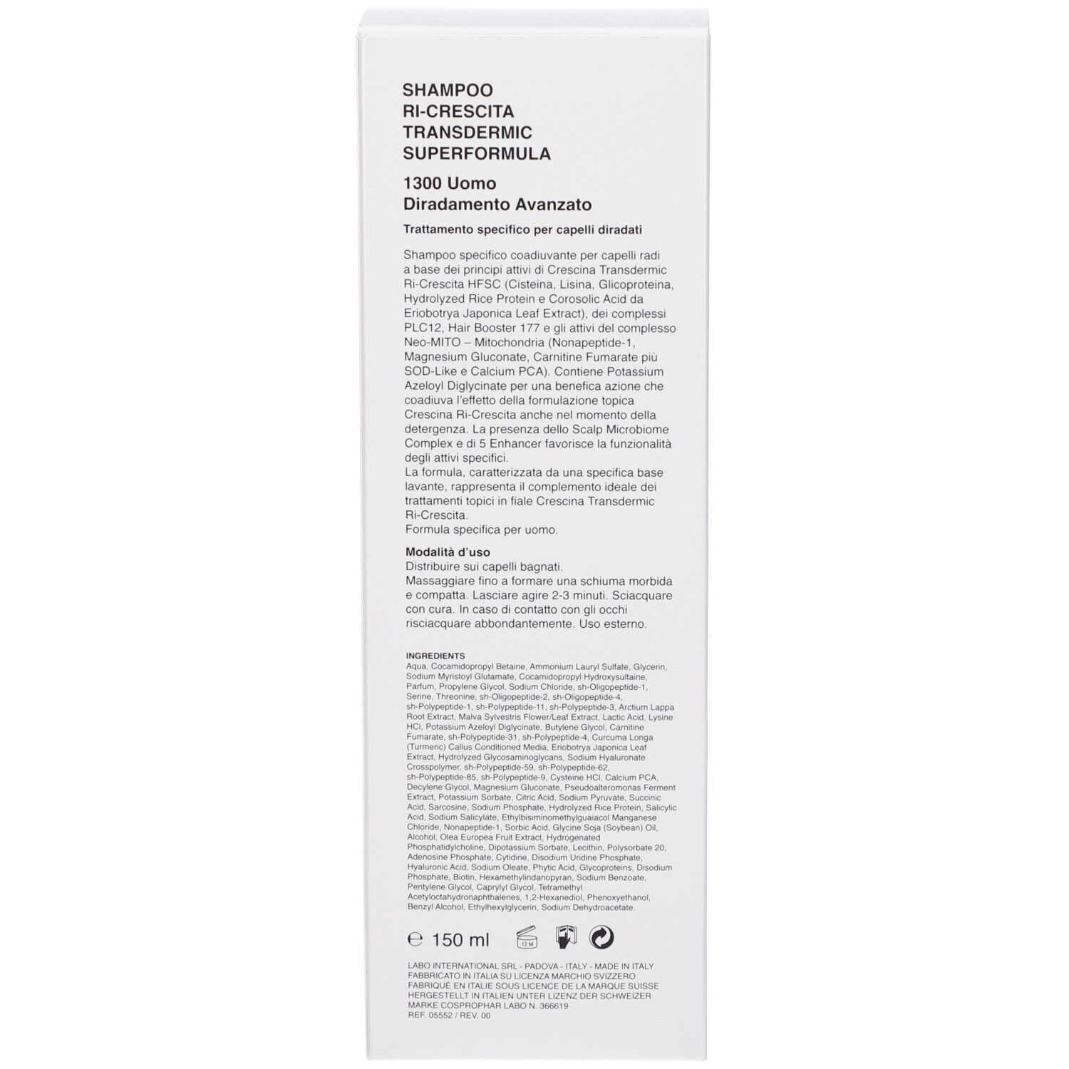 Confezione del prodotto con testo: SHAMPOO RI-CRESCITA, SUPERFORMULA, 1300 Uomo. Ingredienti e istruzioni per l'uso.