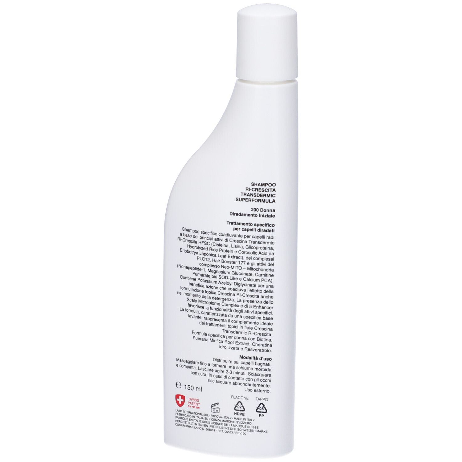 Retro del flacone di shampoo. Testo: Shampoo Ri-Crescita Superformula, 200 Donna. Ingredienti e istruzioni per l'uso.