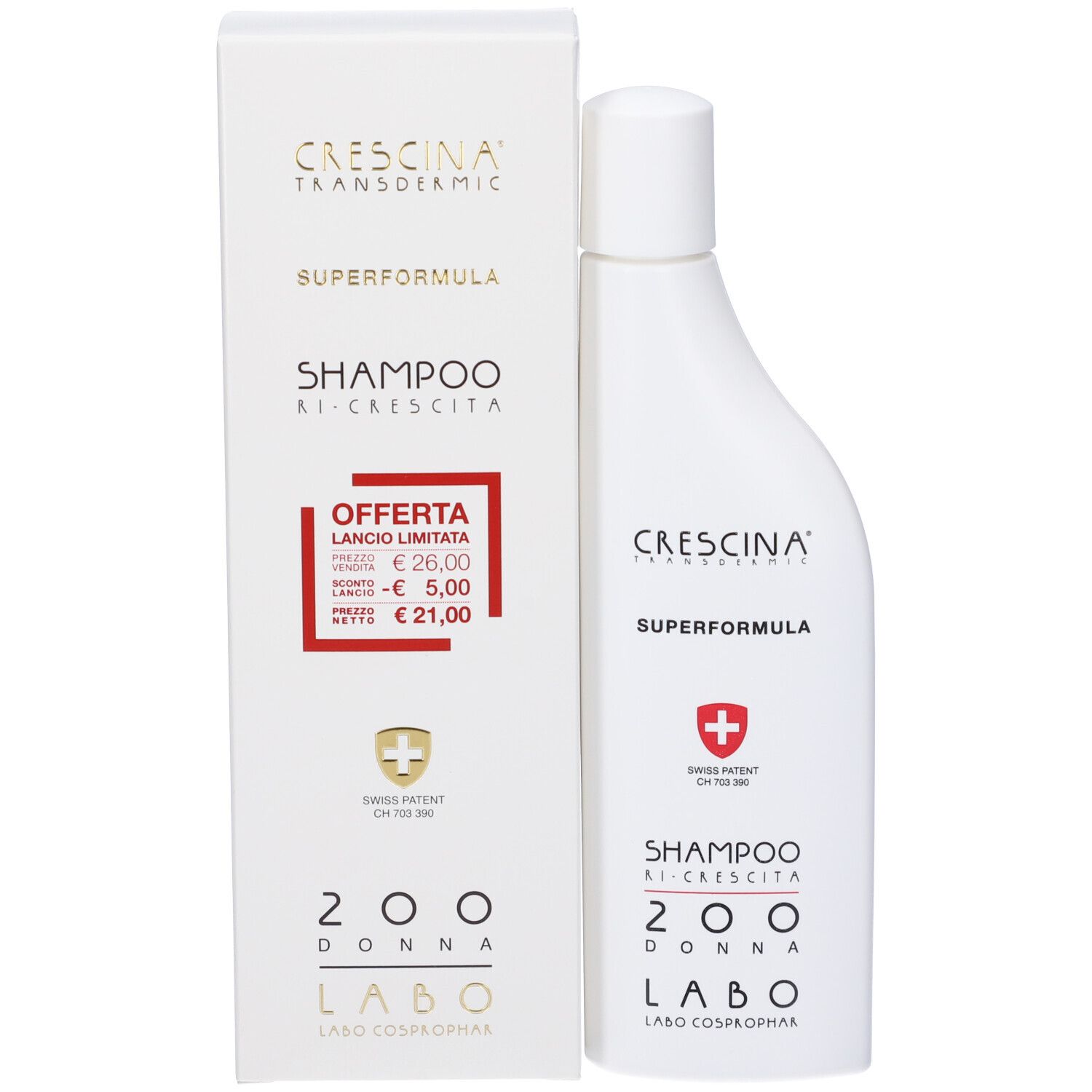 Confezione del prodotto con flacone di shampoo. Scritta: Crescina, Superformula, Shampoo 200 Donna, Labo. Croce svizzera. Offerta.