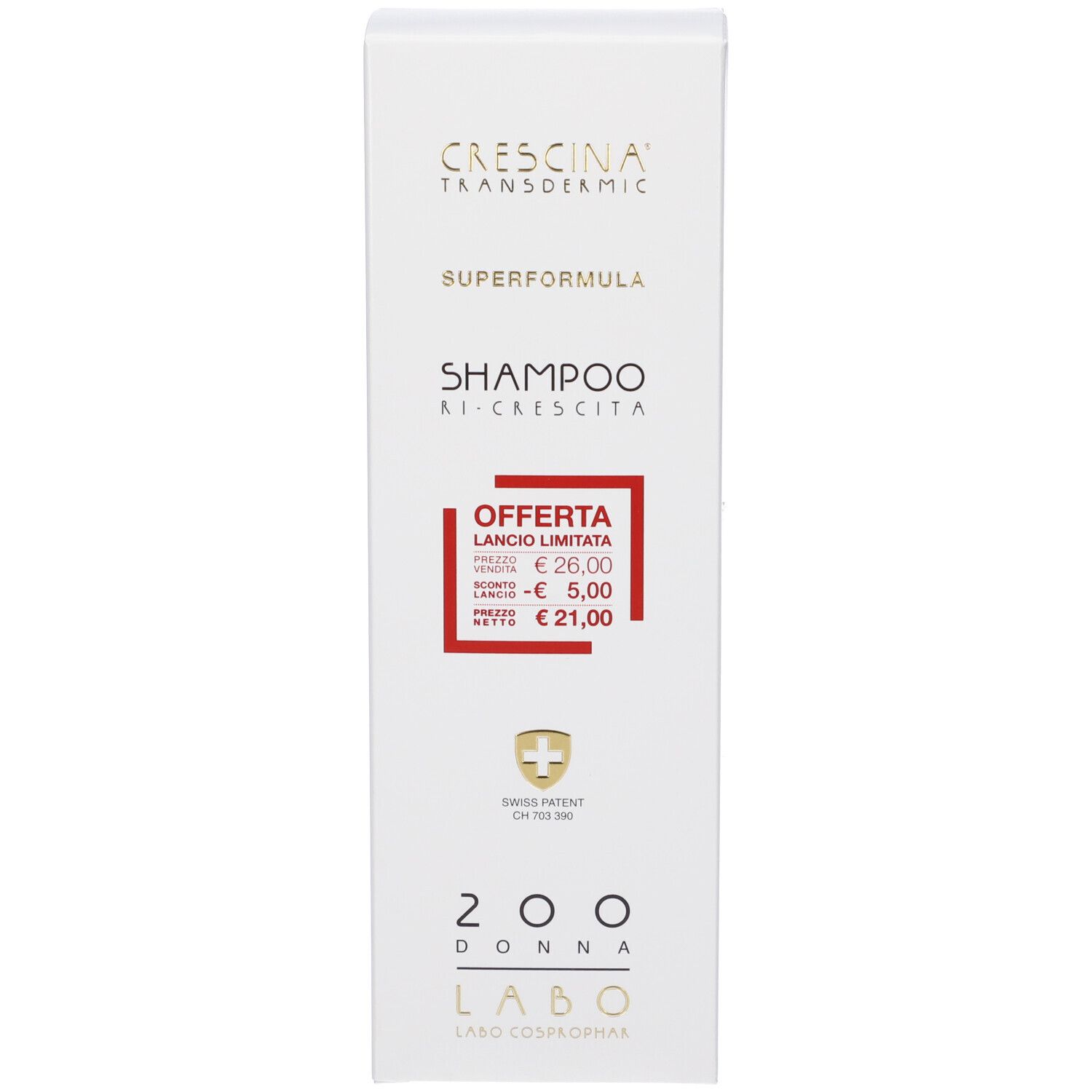 Confezione del prodotto. Scritta: Crescina, Superformula, Shampoo Ri-Crescita, 200 Donna, Labo. Croce svizzera. Offerta.