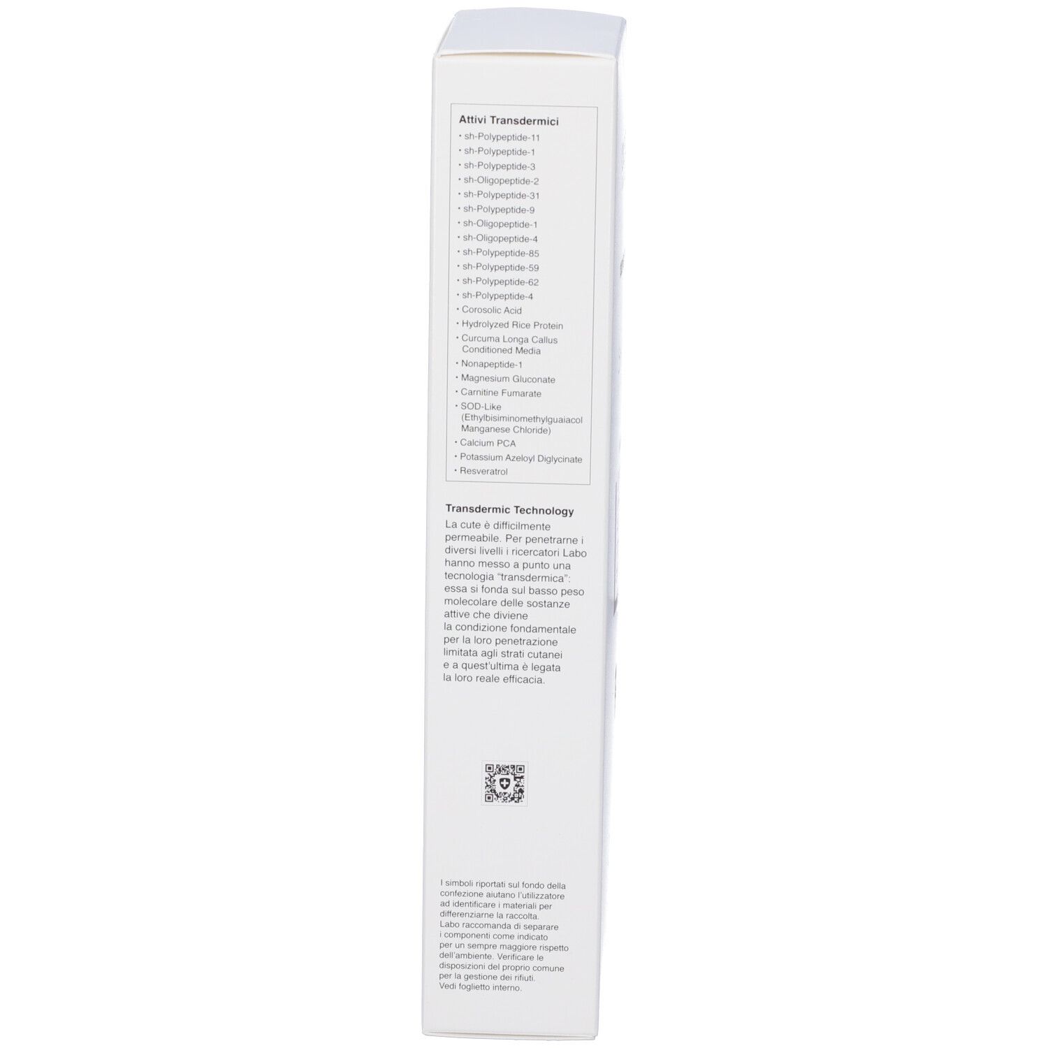 Confezione del prodotto. Scritta: Crescina Transdermic, ingredienti e tecnologia. Codice QR.