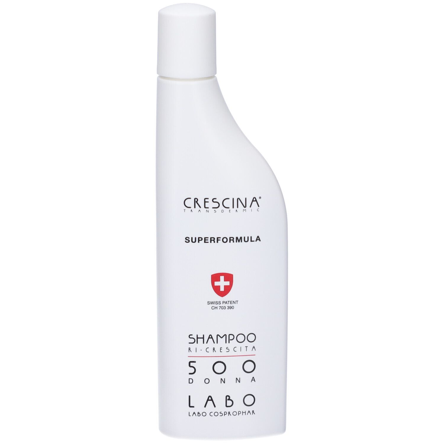 Flacone bianco di shampoo. Logo croce rossa. Testo: Crescina, Superformula, 500 Donna, Labo.