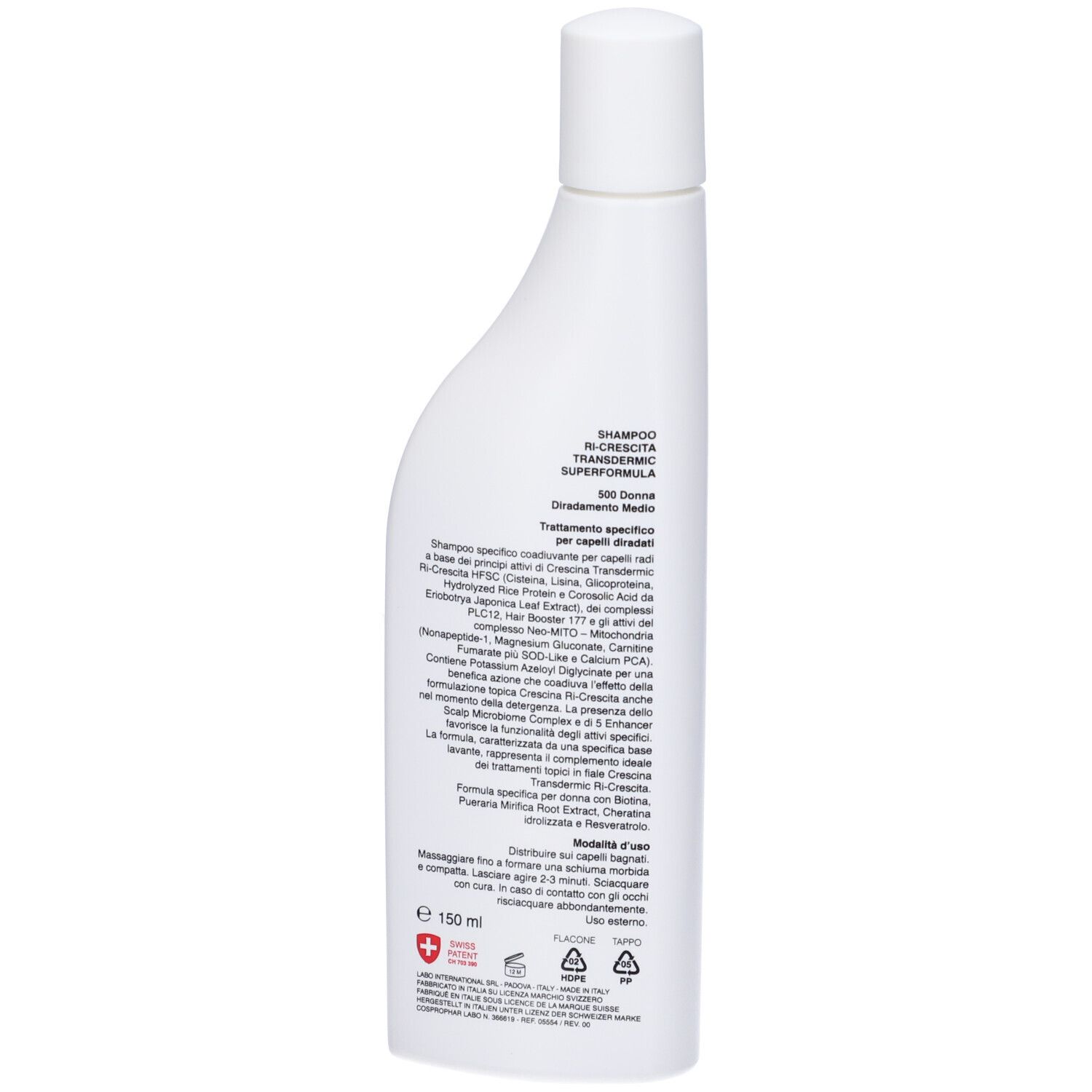 Retro del flacone di shampoo bianco. Testo: Shampoo Ri-Crescita, Superformula, 500 Donna. Croce svizzera.