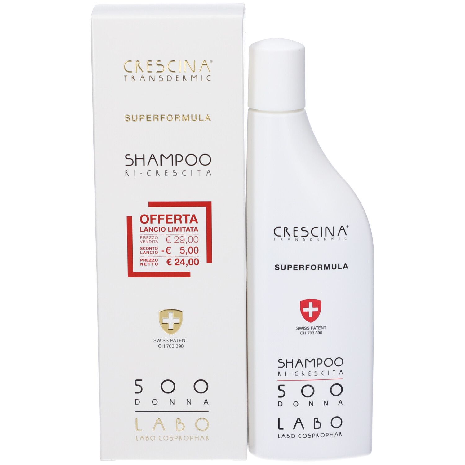 Confezione prodotto con flacone di shampoo. Testo: Crescina, Superformula, Shampoo Ri-Crescita, 500 Donna, Labo. Offerta rossa.