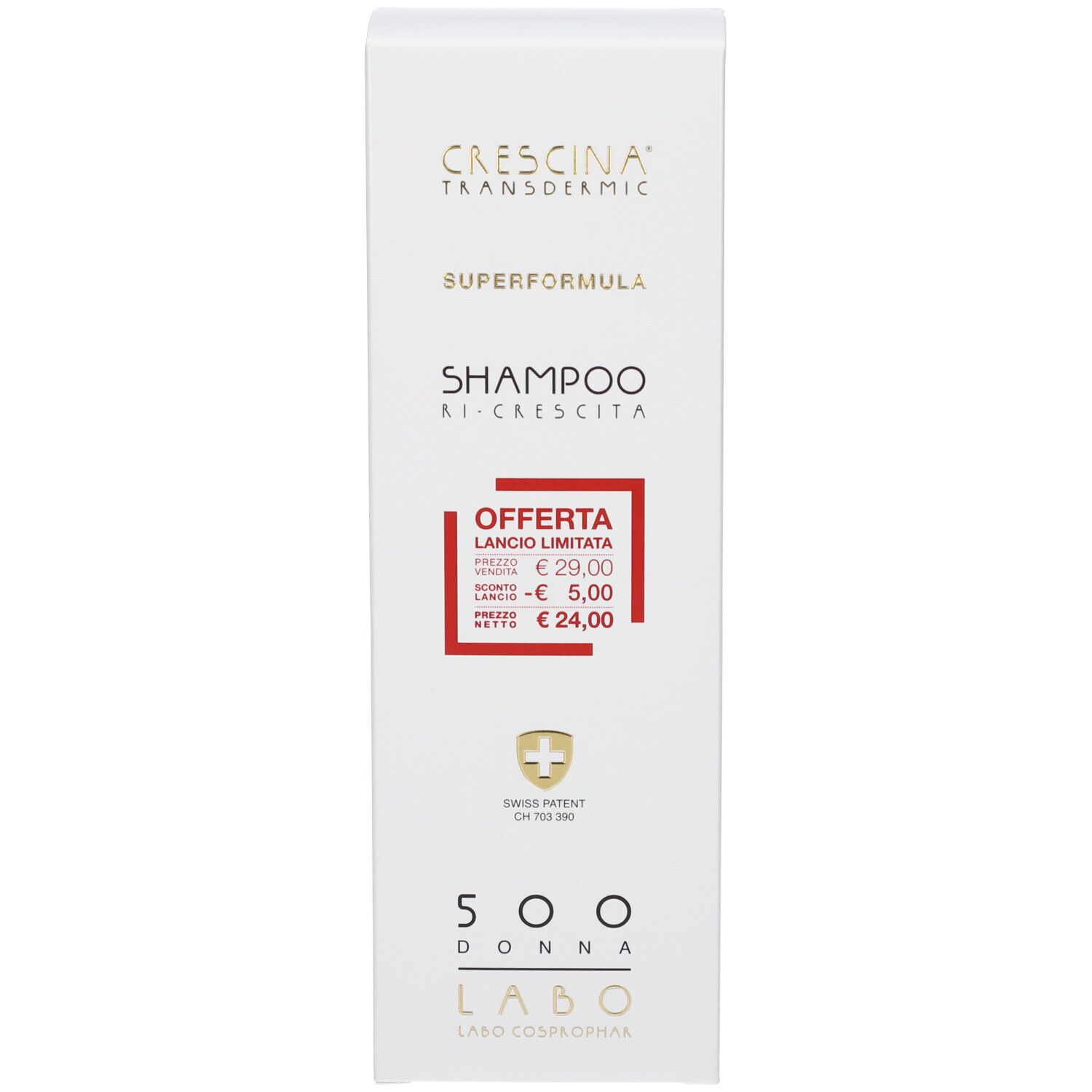 Confezione prodotto. Testo: Crescina, Superformula, Shampoo Ri-Crescita, 500 Donna, Labo. Offerta rossa.