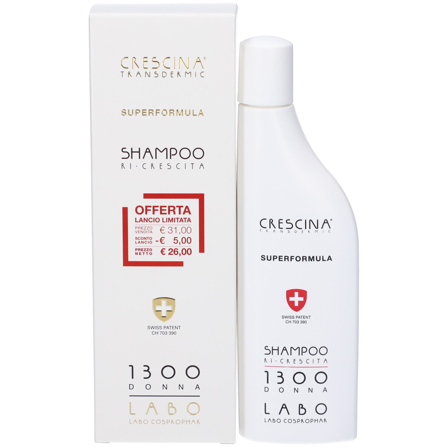 Confezione e flacone. Confezione: CRESCINA, SHAMPOO RI-CRESCITA. Flacone: CRESCINA, SUPERFORMULA, SHAMPOO.