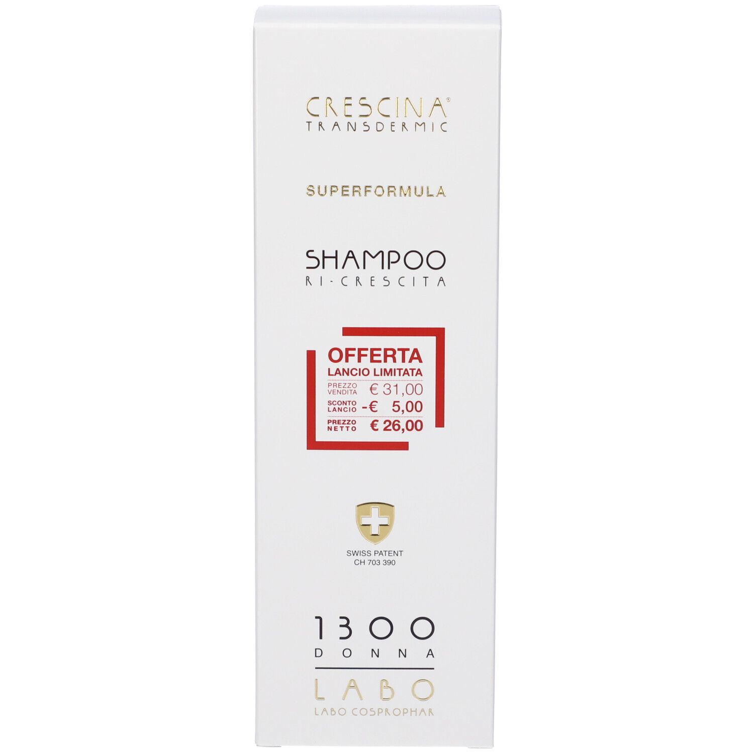 Confezione del prodotto. Scritte: CRESCINA, SHAMPOO RI-CRESCITA, prezzo offerta. Croce svizzera.