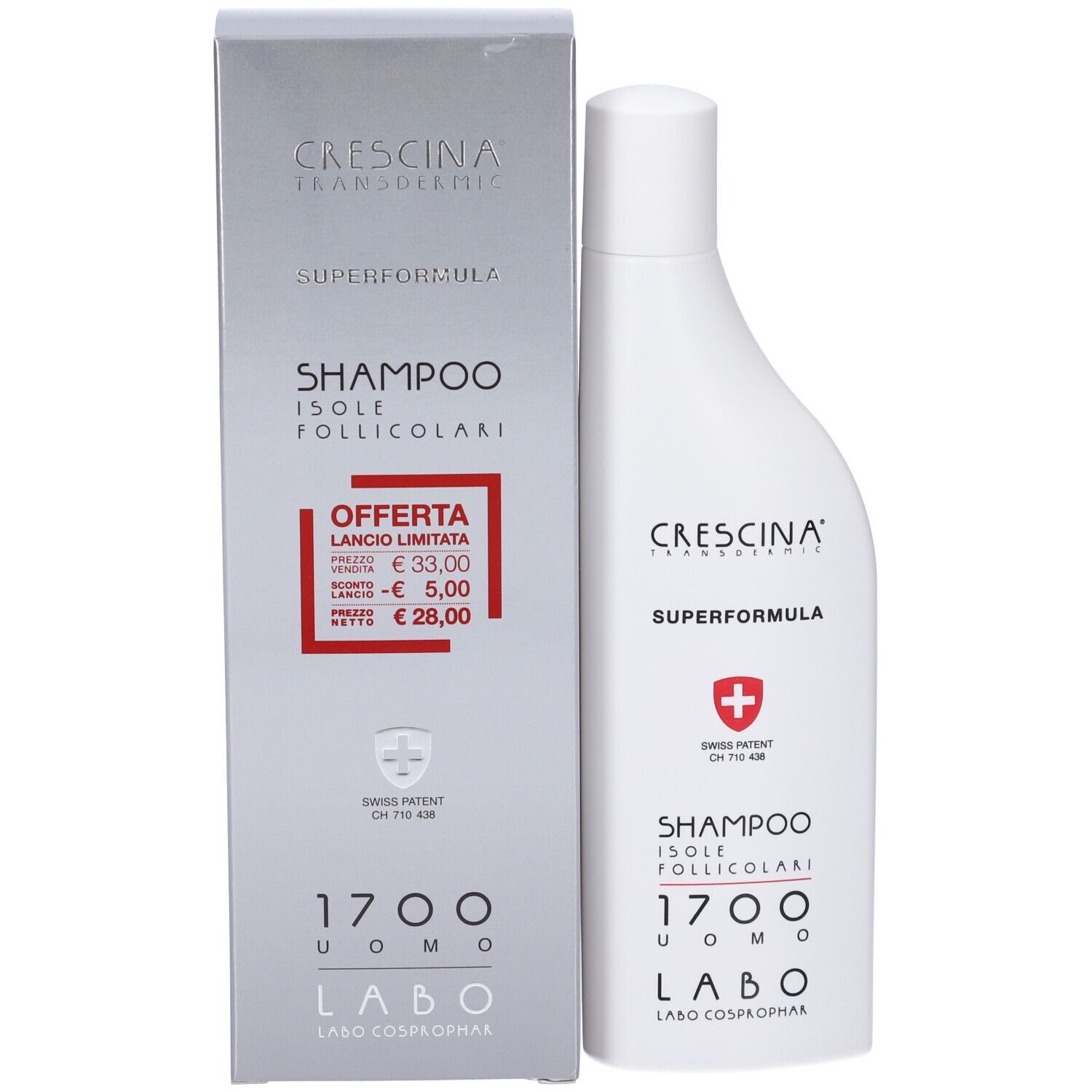 Flacone e confezione del prodotto. Flacone bianco accanto a scatola argentata. Promozione prezzo rossa.