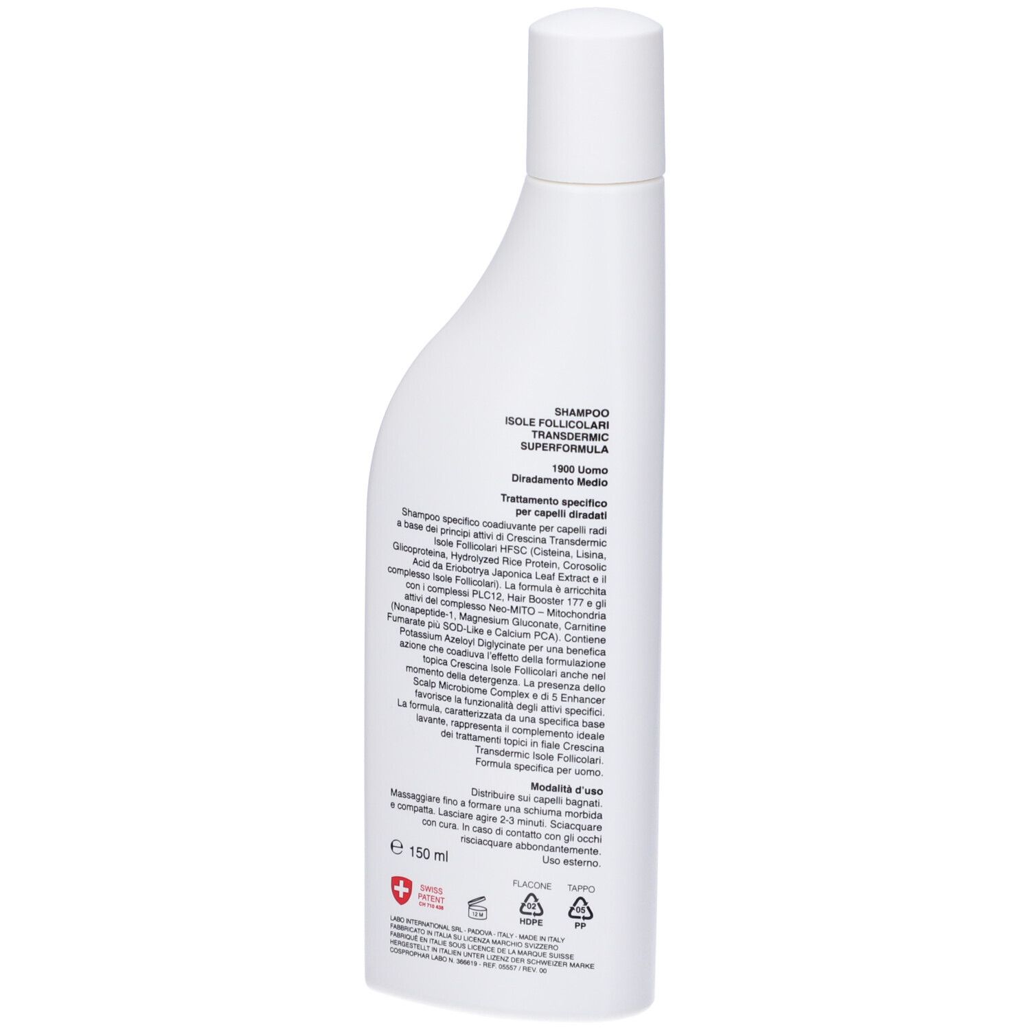Retro di un flacone di shampoo bianco. Testo: SHAMPOO ISOLE FOLLICOLARI, 1900 UOMO, LABO. Ingredienti e istruzioni per l'uso.