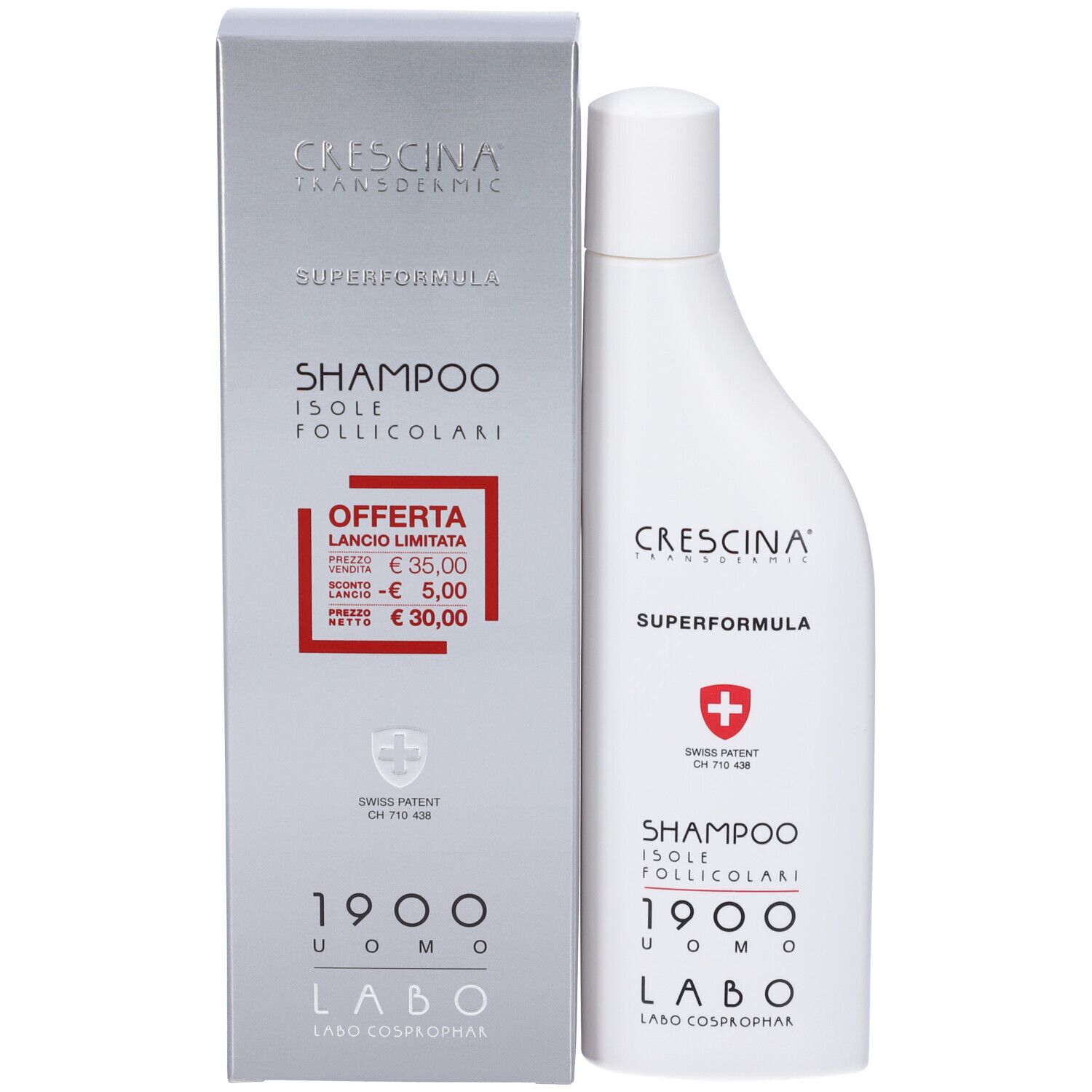 Confezione del prodotto con flacone di shampoo. Testo: CRESCINA, SUPERFORMULA, SHAMPOO ISOLE FOLLICOLARI, 1900 UOMO, LABO. Prezzo offerta.