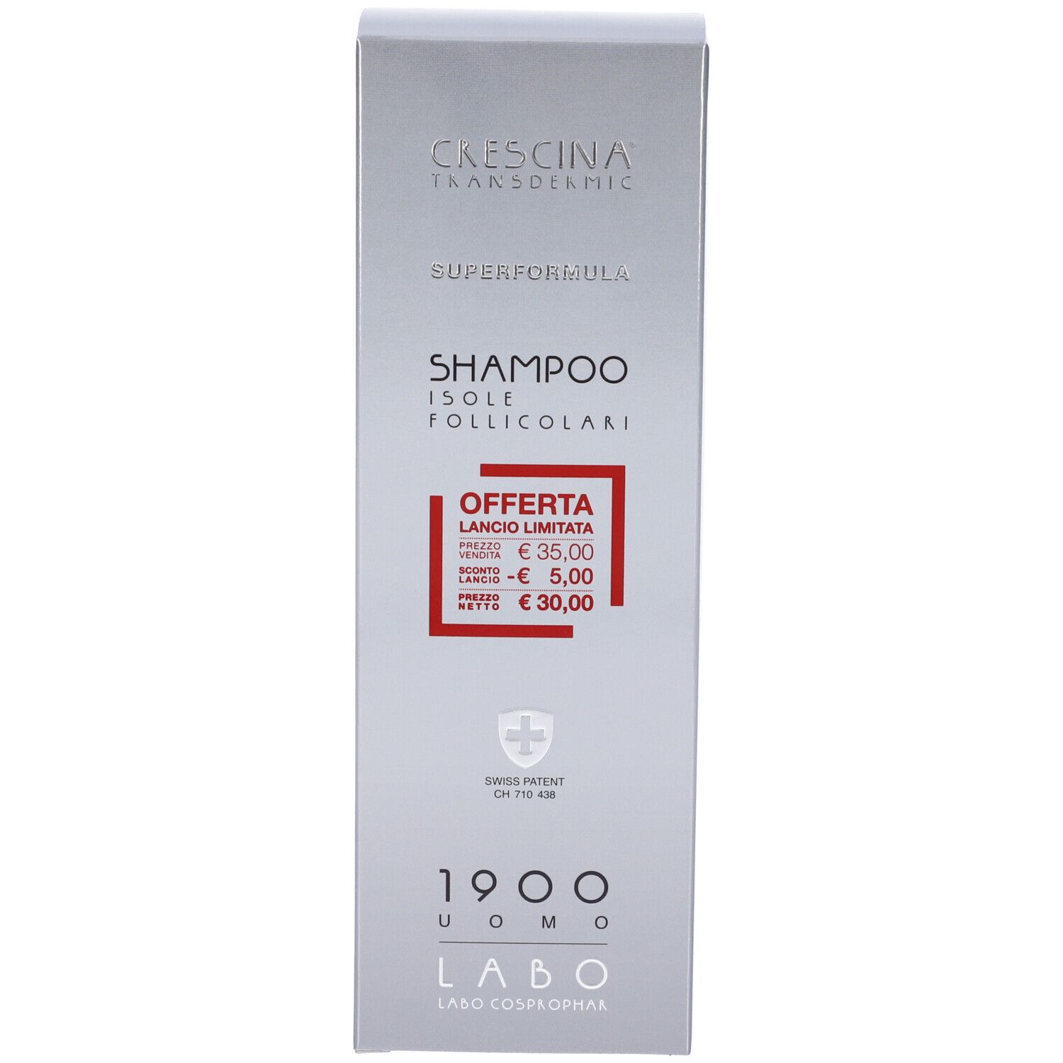 Confezione del prodotto con testo: CRESCINA, SUPERFORMULA, SHAMPOO ISOLE FOLLICOLARI, 1900 UOMO, LABO. Prezzo offerta. Croce svizzera.