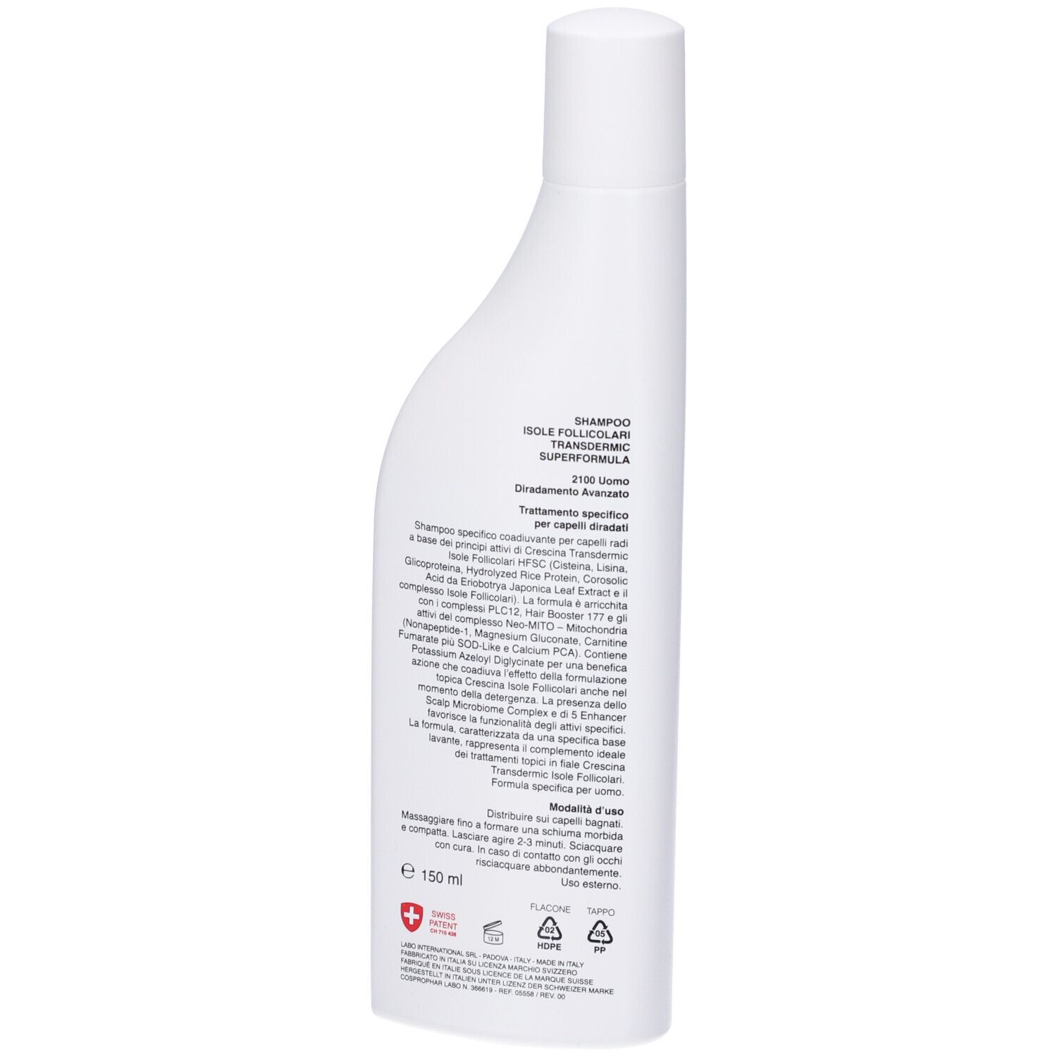 Retro di un flacone bianco. Testo: SHAMPOO, SUPERFORMULA, 2100 UOMO. Descrizione, ingredienti, istruzioni. Croce svizzera.