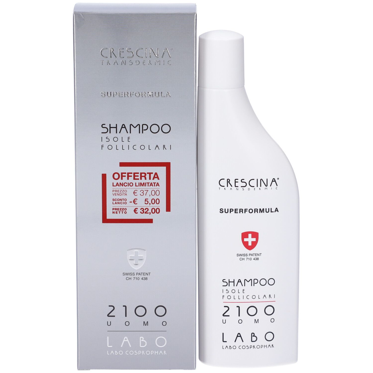 Confezione prodotto con flacone. Testo: CRESCINA, SUPERFORMULA, SHAMPOO, 2100 UOMO, LABO. Prezzo offerta. Croce svizzera.