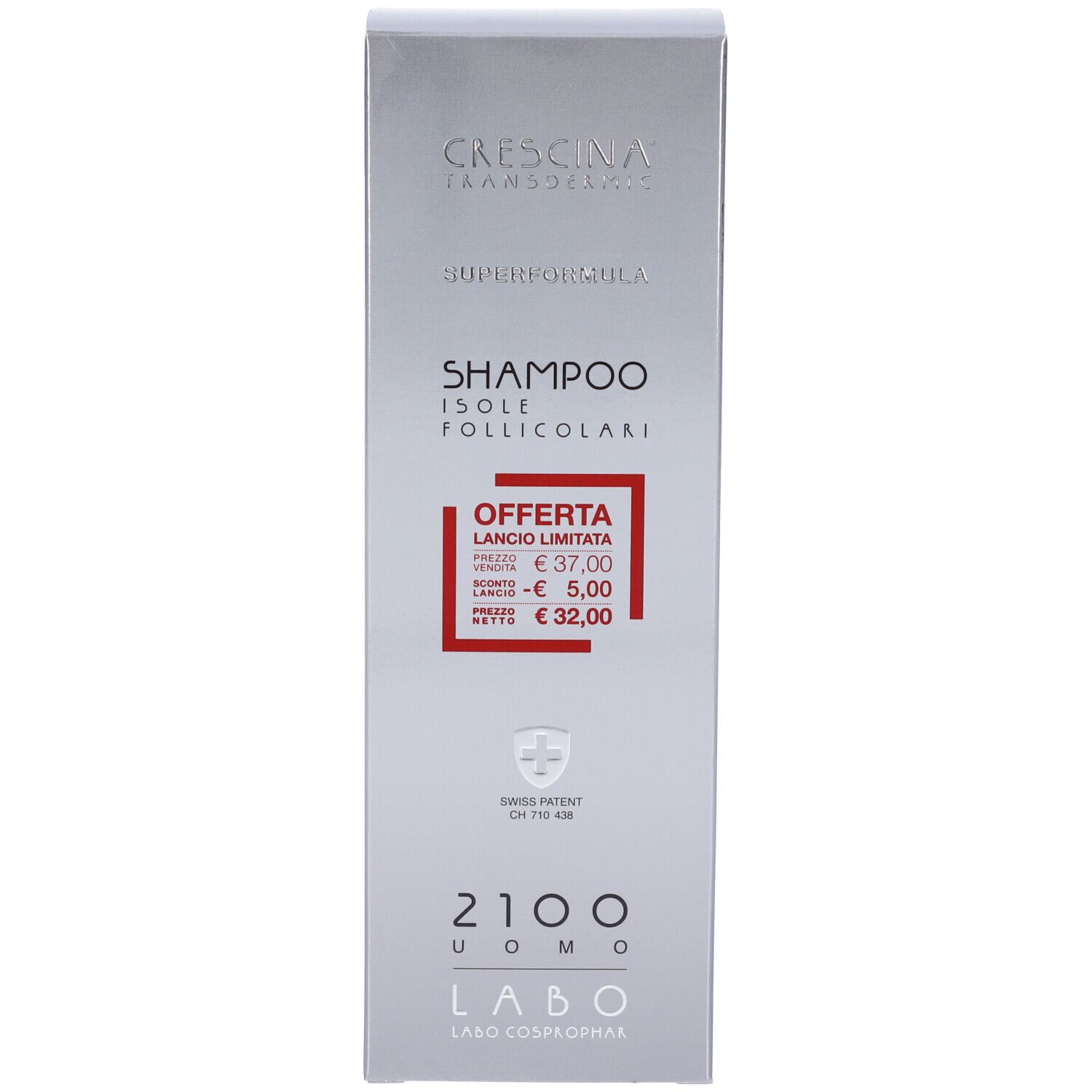 Confezione prodotto. Testo: CRESCINA, SUPERFORMULA, SHAMPOO, 2100 UOMO, LABO. Prezzo offerta. Croce svizzera.