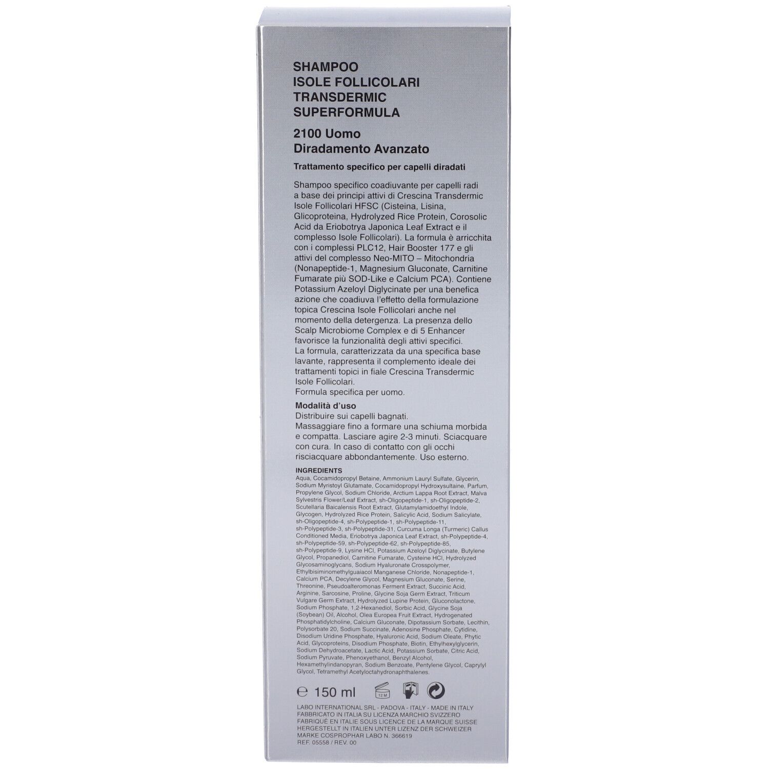 Confezione prodotto. Testo: SHAMPOO, SUPERFORMULA, 2100 UOMO. Descrizione, ingredienti, istruzioni.