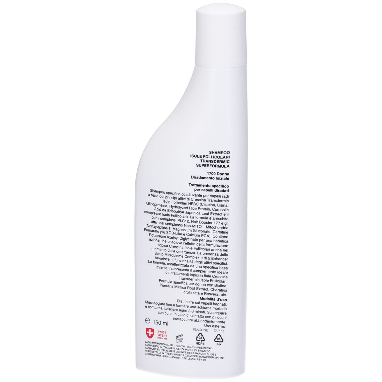 Retro del flacone bianco. Testo e ingredienti. Logo croce svizzera rossa. Volume: 150 ml.