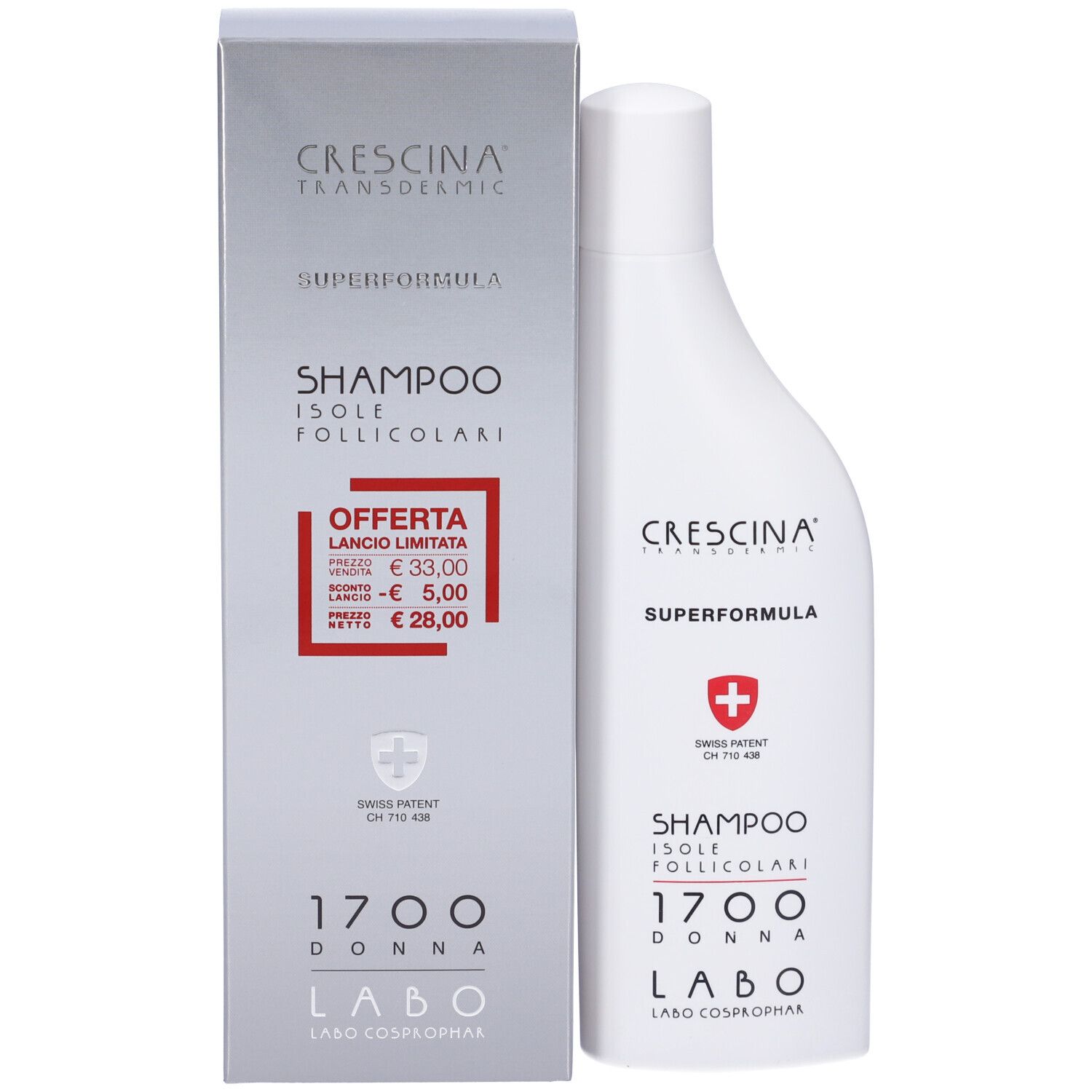 Confezione e flacone. Confezione con testo e prezzo. Flacone: bianco, testo. Croce svizzera.