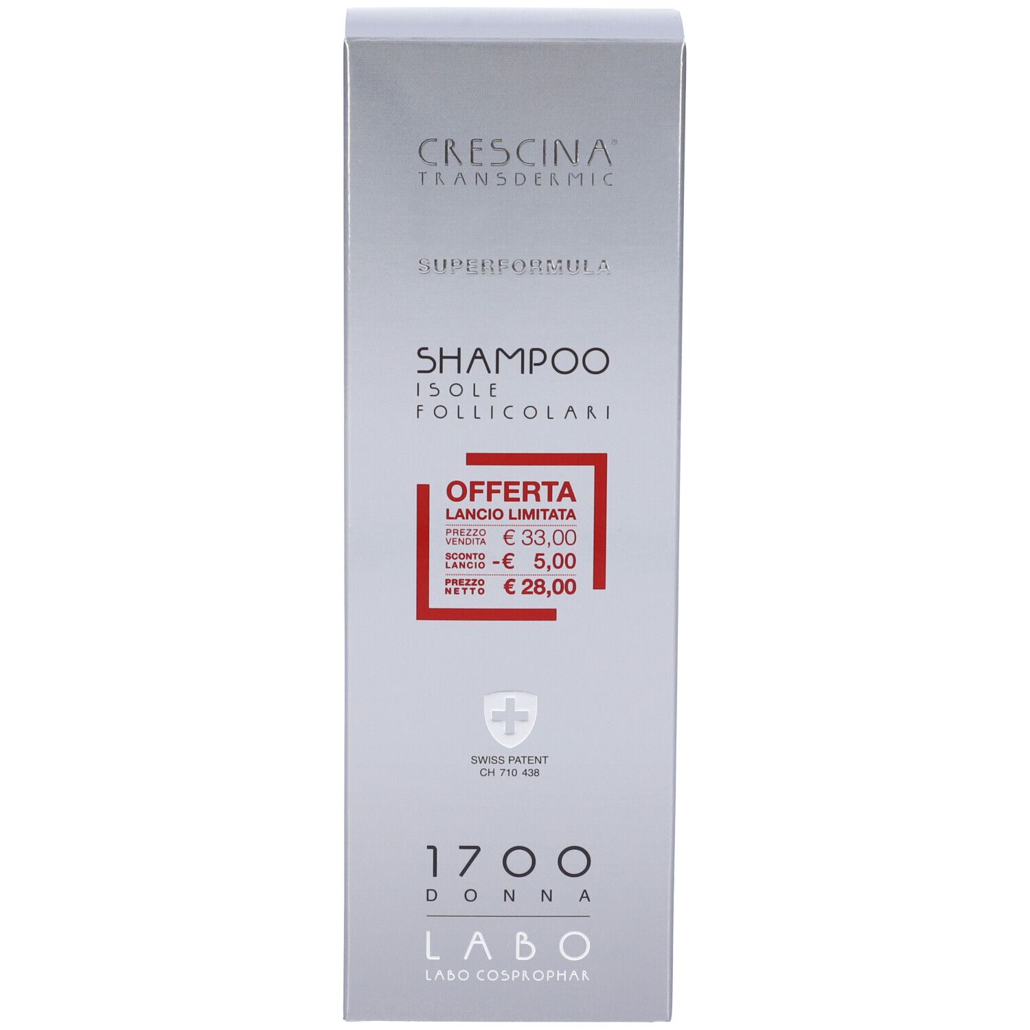 Confezione del prodotto. Testo: CRESCINA, SUPERFORMULA, SHAMPOO, 1700 DONNA. Indicazione prezzo rossa.