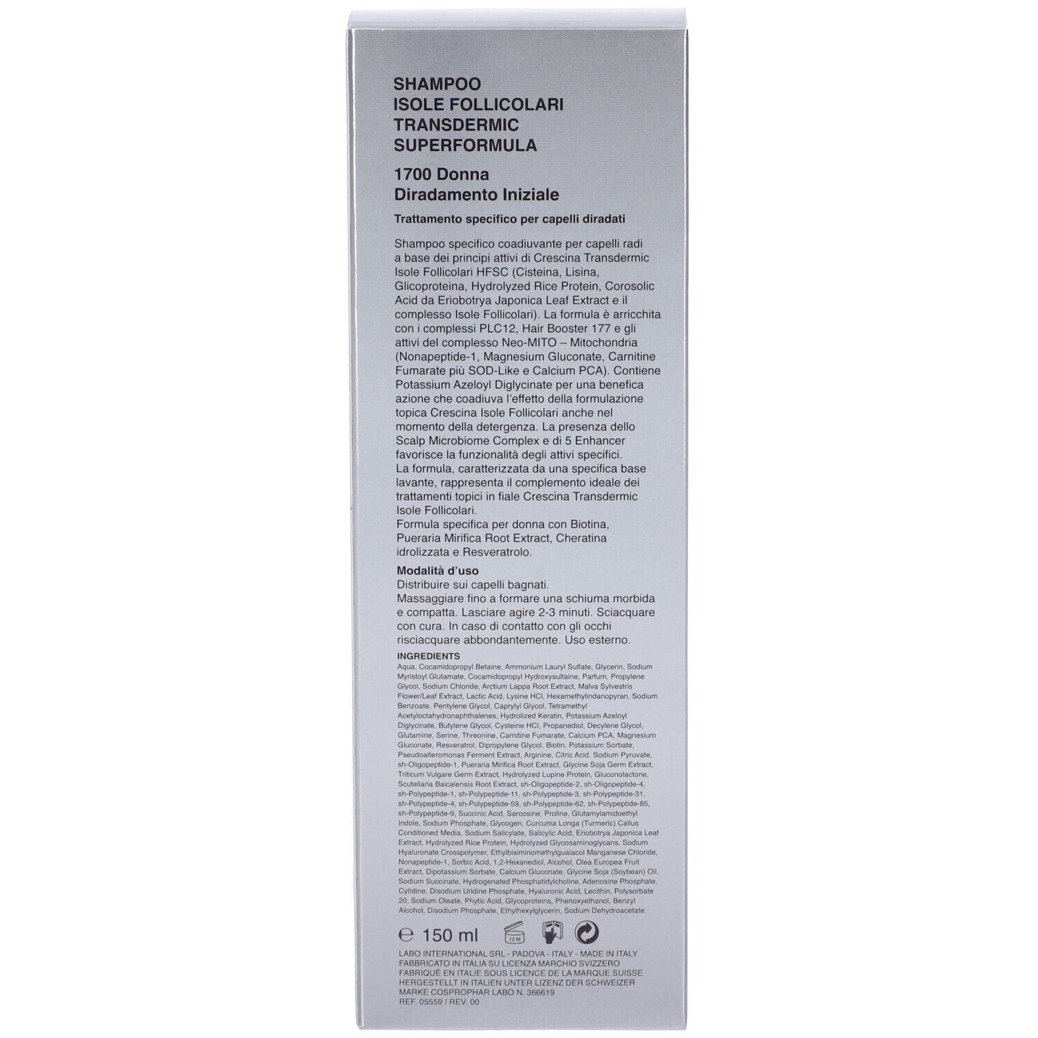 Confezione del prodotto. Testo: SHAMPOO ISOLE FOLLICOLARI, 1700 DONNA. Ingredienti e istruzioni per l'uso.