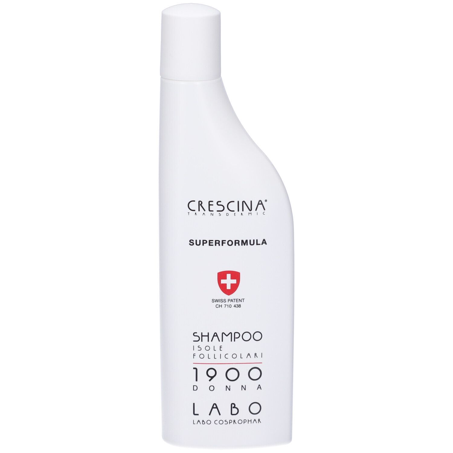 Flacone bianco con tappo bianco. Scritte: CRESCINA, SUPERFORMULA, SHAMPOO ISOLE FOLLICOLARI, 1900 DONNA, LABO.