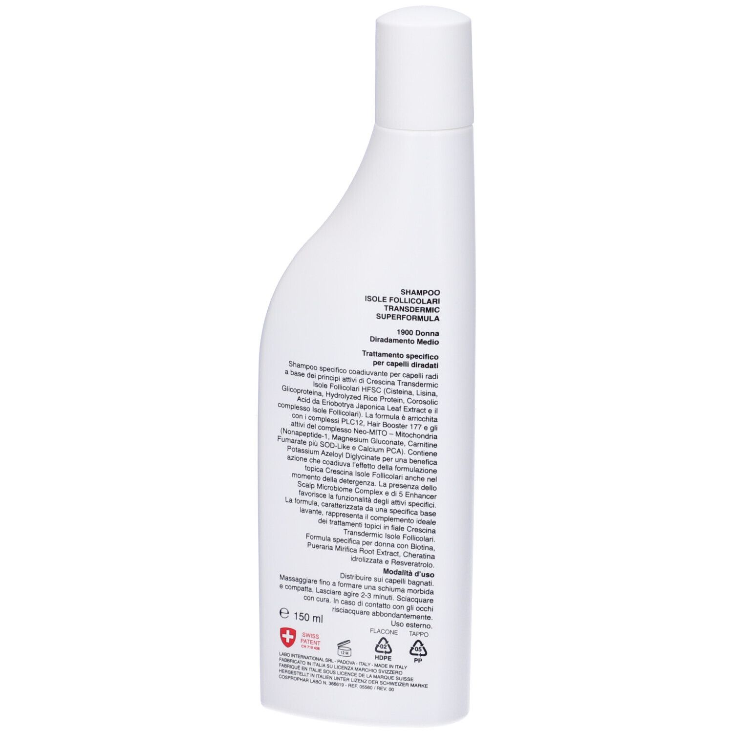 Retro di un flacone bianco. Testo: SHAMPOO, ISOLE FOLLICOLARI, SUPERFORMULA, 1900 Donna, Trattamento specifico. Ingredienti.
