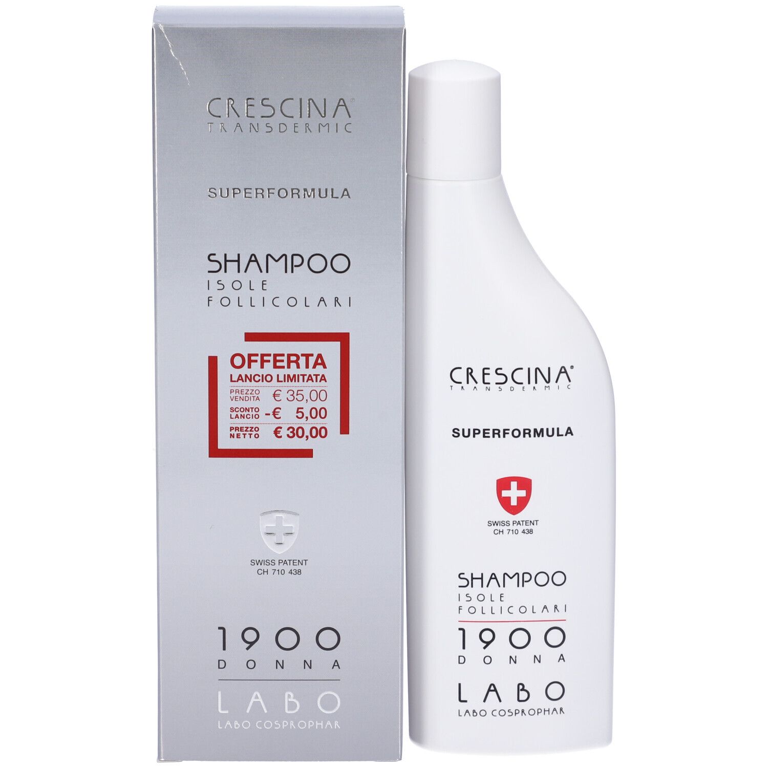 Confezione e flacone. Confezione: CRESCINA, SUPERFORMULA, SHAMPOO, prezzo offerta. Flacone: CRESCINA, SUPERFORMULA, SHAMPOO.