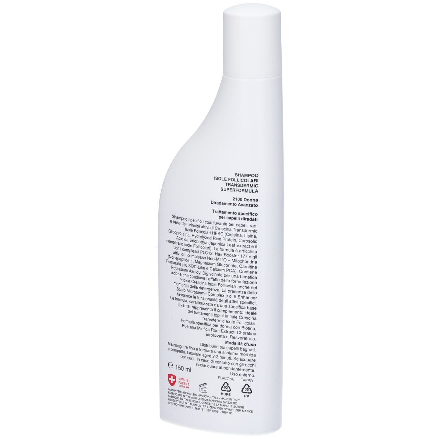 Retro del flacone di shampoo bianco. Informazioni testuali e loghi. Logo croce svizzera.