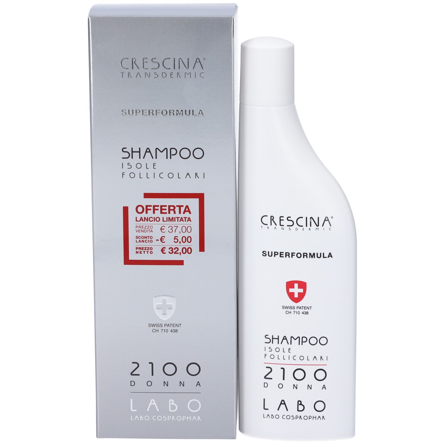 Confezione del prodotto con flacone di shampoo. Scatola con informazioni e prezzo. Logo croce svizzera.