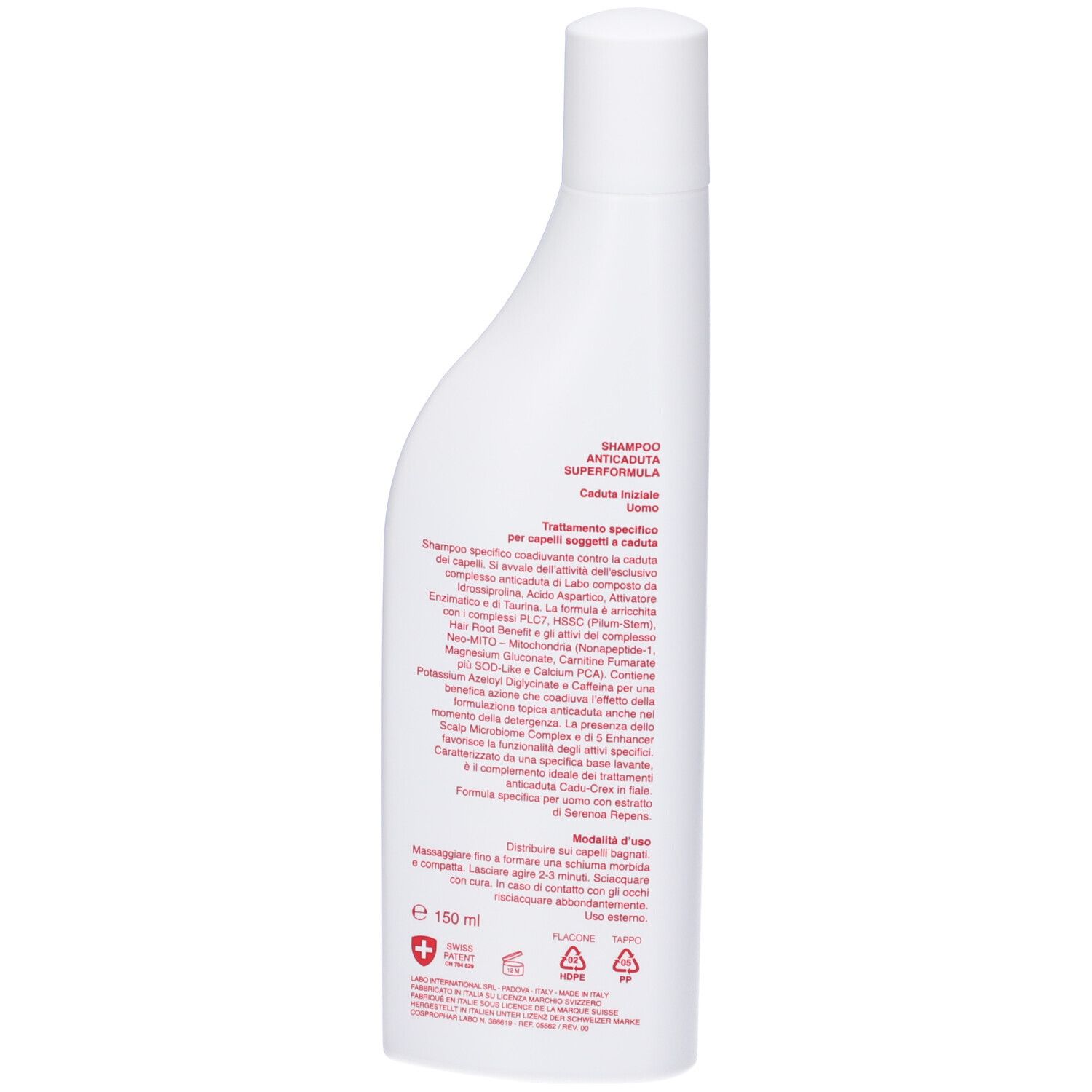 Retro di un flacone bianco con testo rosso. Testo: SHAMPOO ANTICADUTA, CADUTA INIZIALE UOMO. Ingredienti e istruzioni per l'uso.