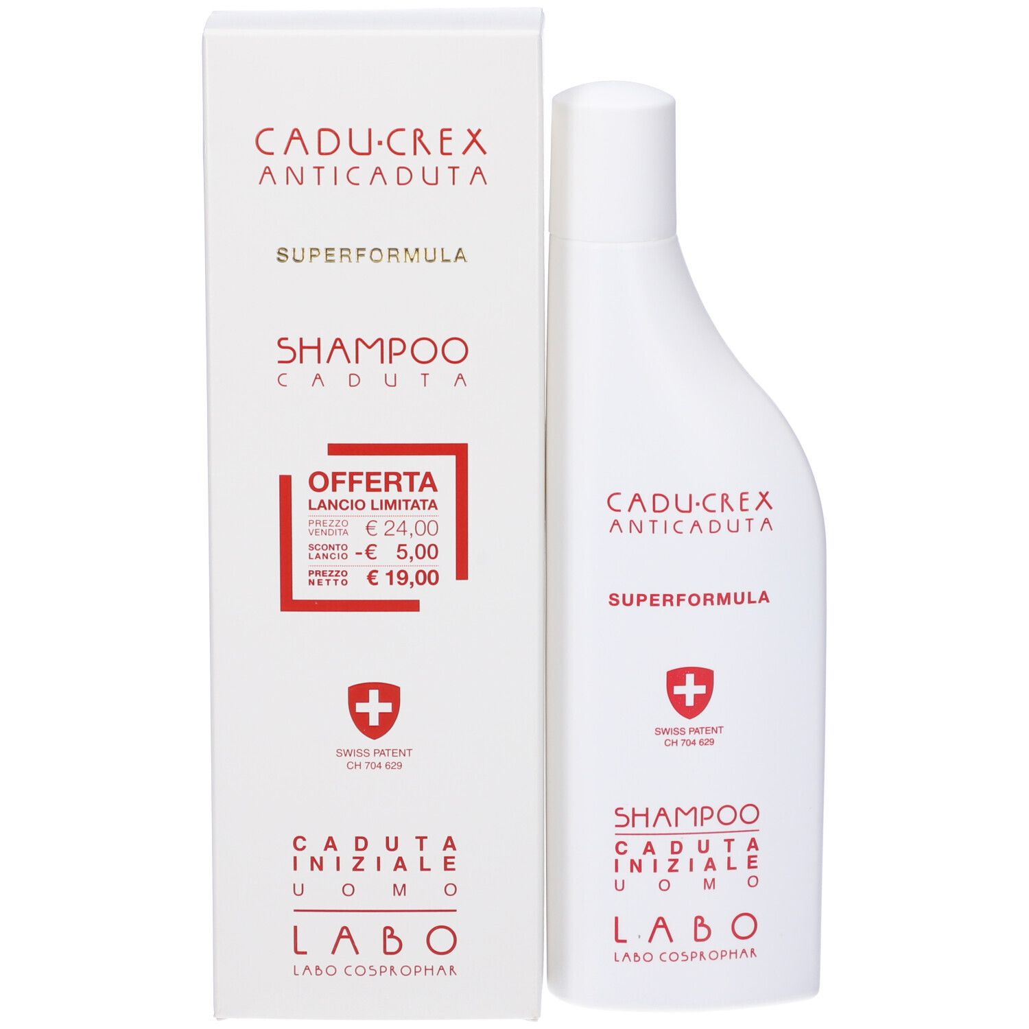 Confezione del prodotto con flacone. Scatola e flacone bianchi con testo rosso. Testo: CADU-CREX ANTICADUTA, SHAMPOO CADUTA INIZIALE UOMO.