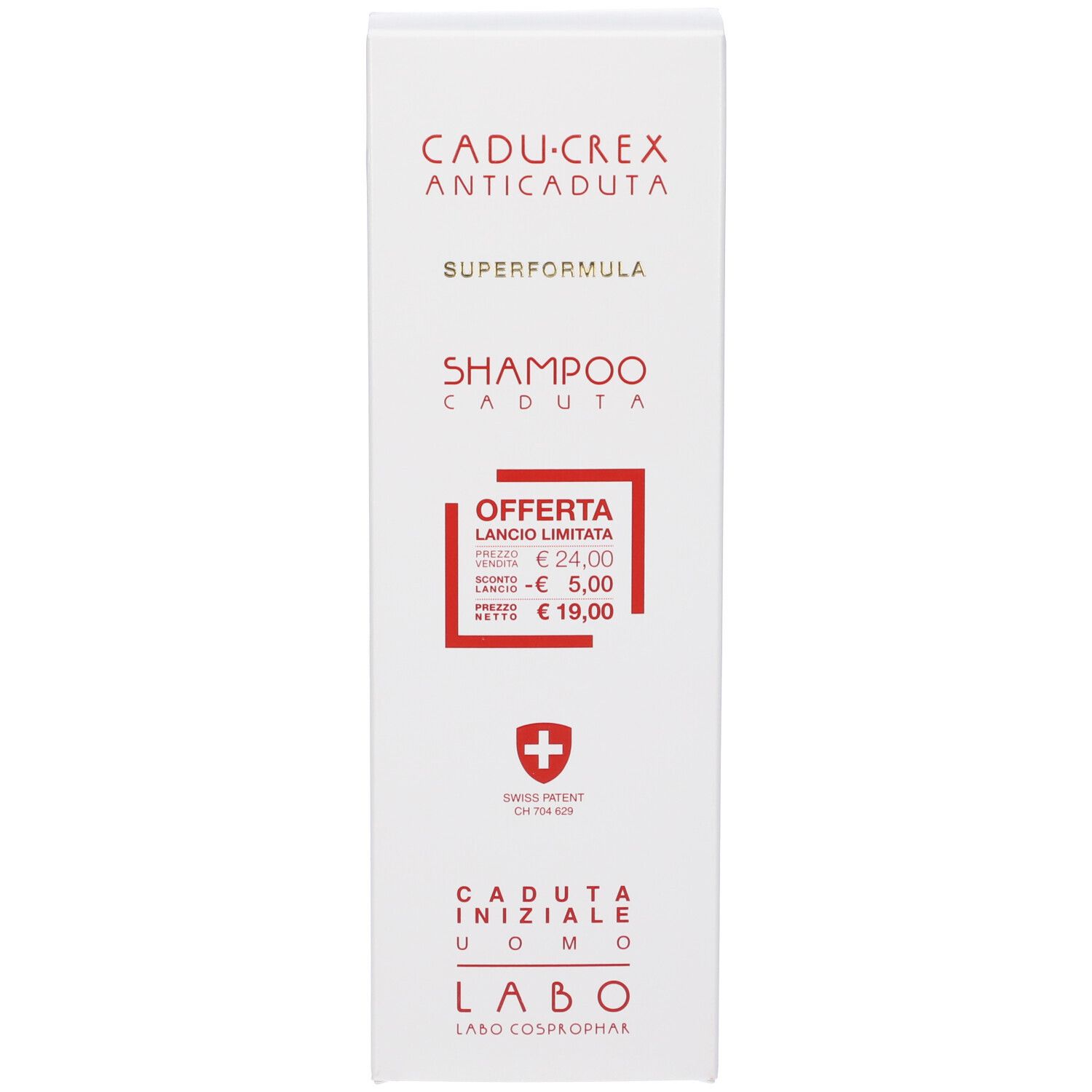 Scatola bianca con testo rosso. Testo: CADU-CREX ANTICADUTA, SHAMPOO CADUTA INIZIALE UOMO. Prezzo promozionale.