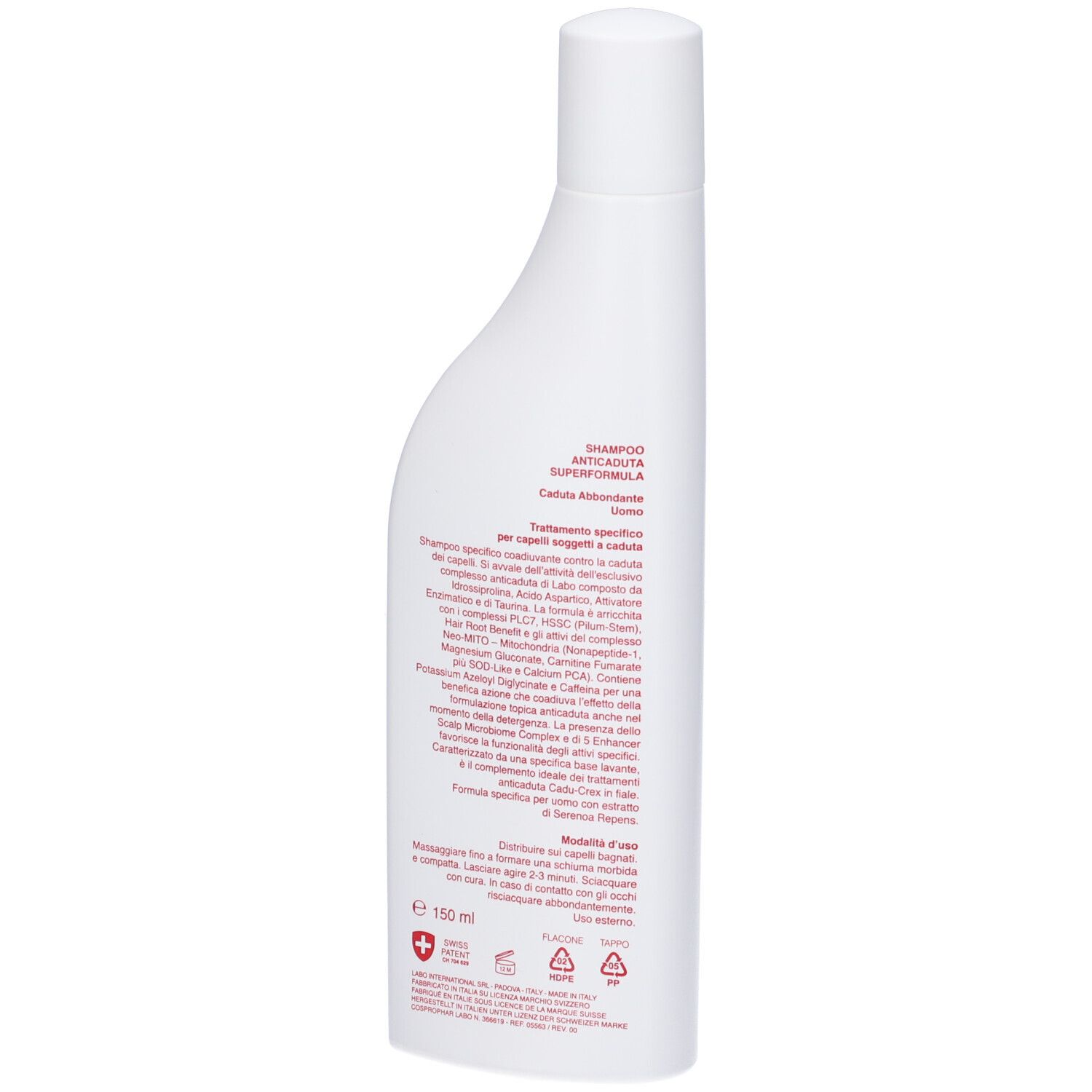 Retro di un flacone bianco. Testo: SHAMPOO ANTICADUTA, CADUTA ABBONDANTE. Ingredienti e istruzioni per l'uso.