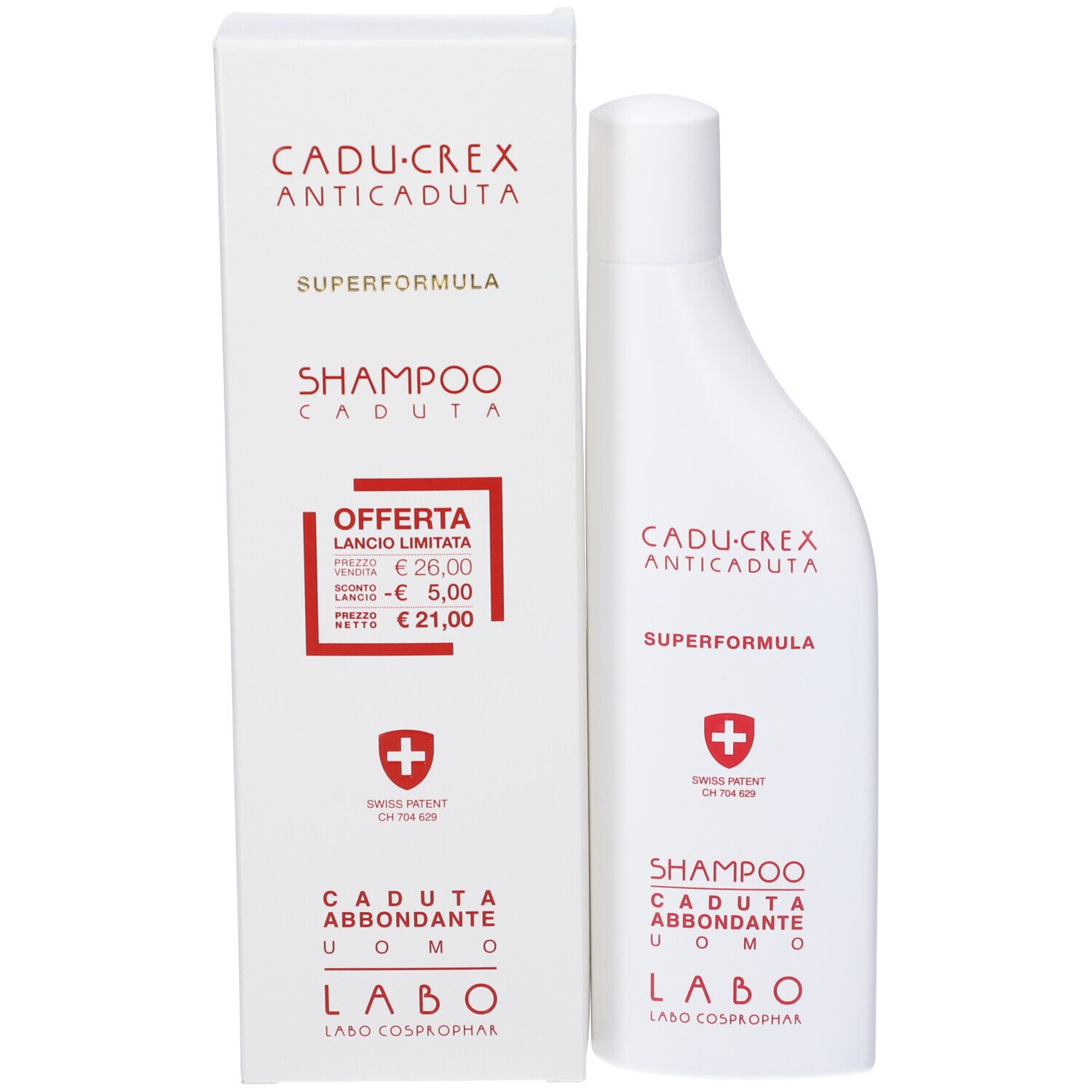 Confezione prodotto con flacone. Scatola e flacone bianchi. Testo: CADU-CREX ANTICADUTA, SUPERFORMULA, SHAMPOO CADUTA ABBONDANTE UOMO, LABO.
