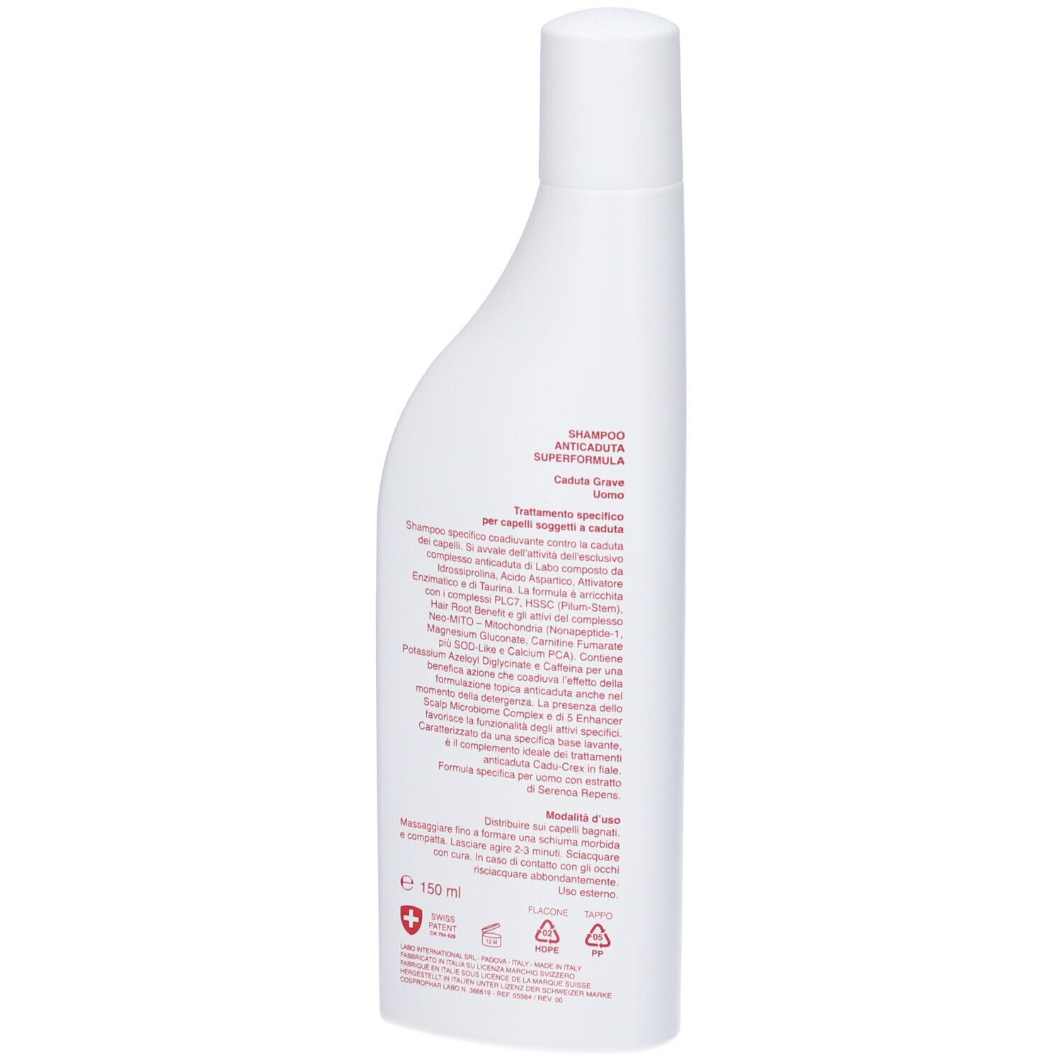 Retro di un flacone bianco. Testo rosso con informazioni sul prodotto. Croce svizzera e informazioni per l'uso.