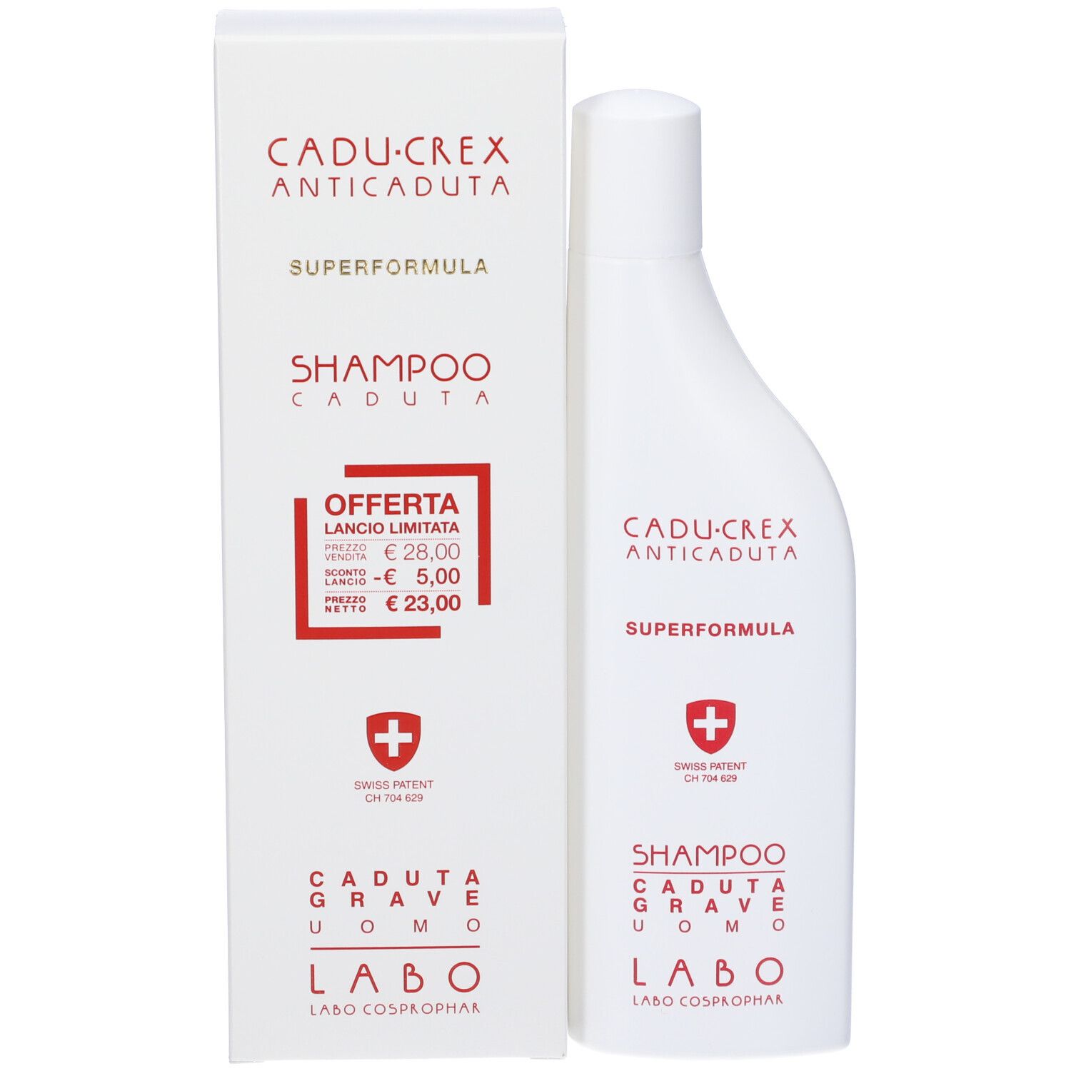 Confezione e flacone. Confezione: bianca con testo rosso. Flacone: bianco. Scritta: Cadu-Crex, Shampoo, Offerta.