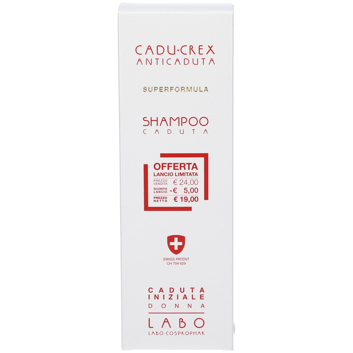 Confezione del prodotto. Testo: CADU-CREX ANTICADUTA, SHAMPOO CADUTA INIZIALE DONNA. Prezzo promozionale. Croce svizzera.