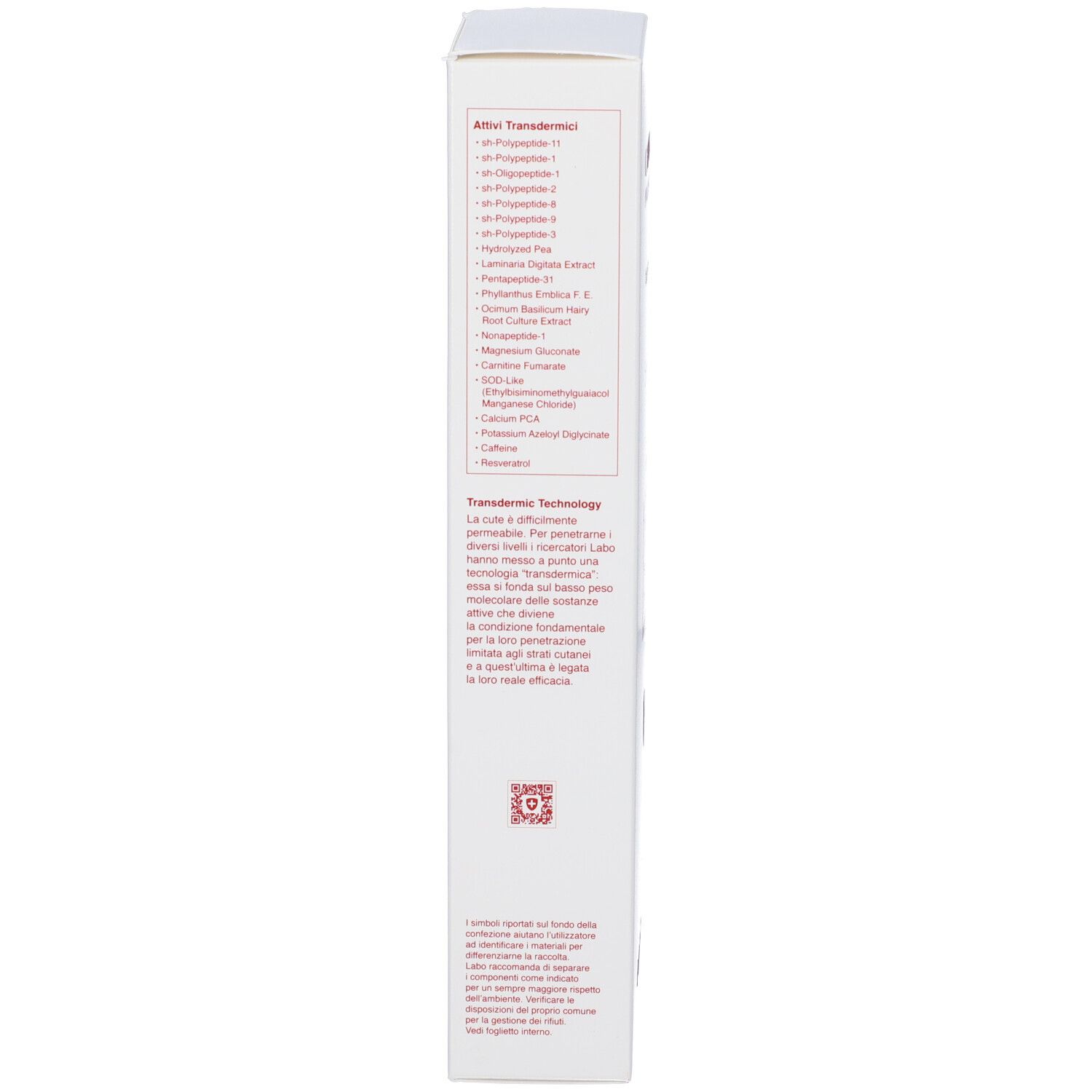 Confezione del prodotto, vista laterale. Testo: Ingredienti, Tecnologia Transdermica. Codice QR.